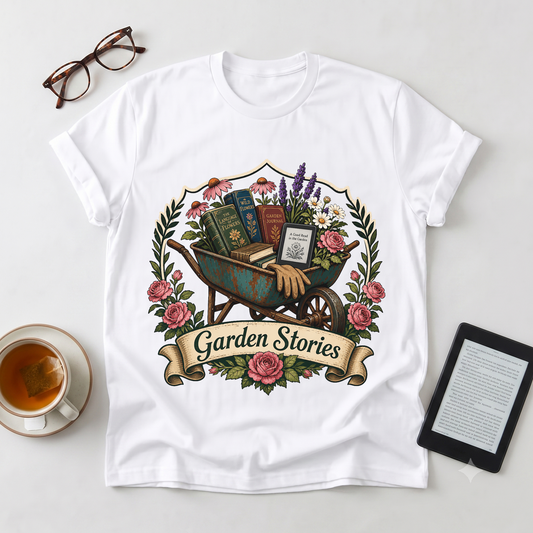 Garden Stories T-Shirt — Vintage Wheelbarrow Floral Gardening Tee