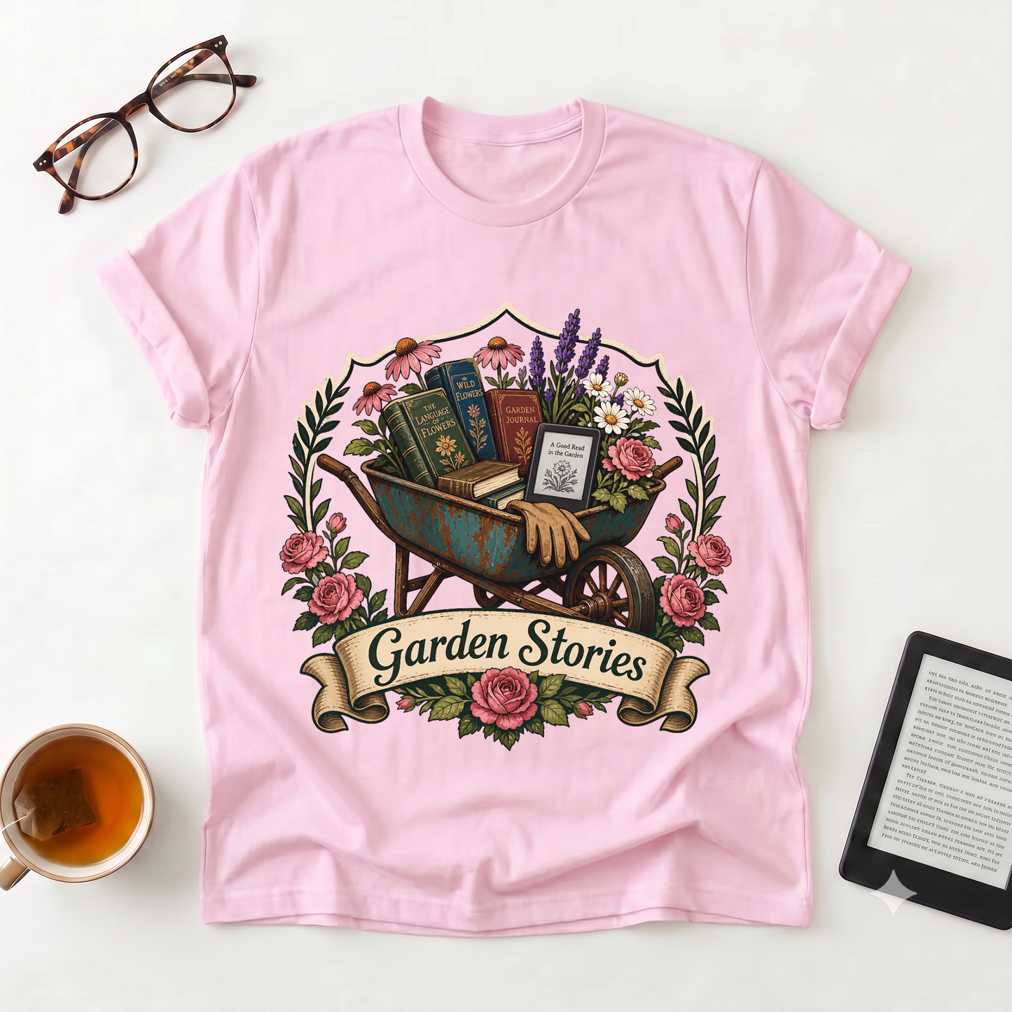 Garden Stories T-Shirt — Vintage Wheelbarrow Floral Gardening Tee