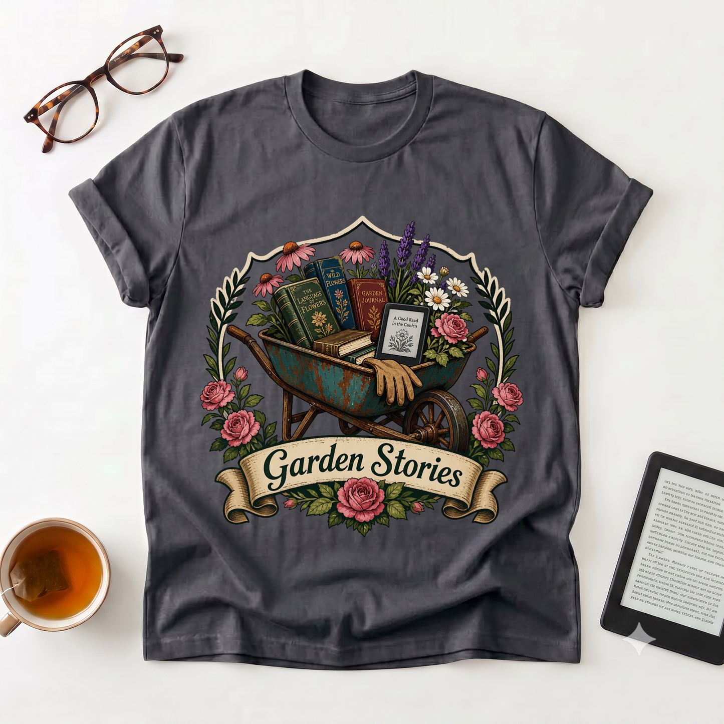 Garden Stories T-Shirt — Vintage Wheelbarrow Floral Gardening Tee