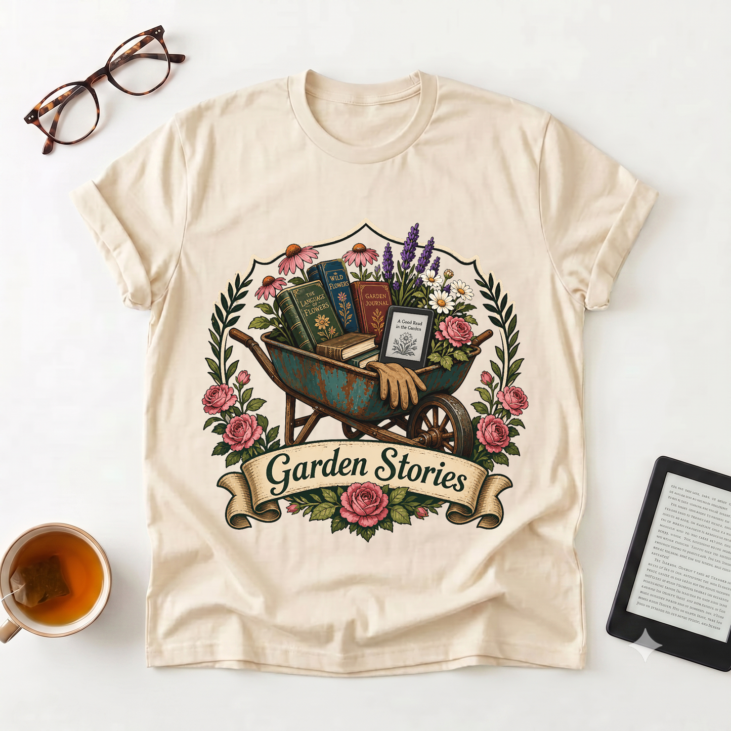 Garden Stories T-Shirt — Vintage Wheelbarrow Floral Gardening Tee