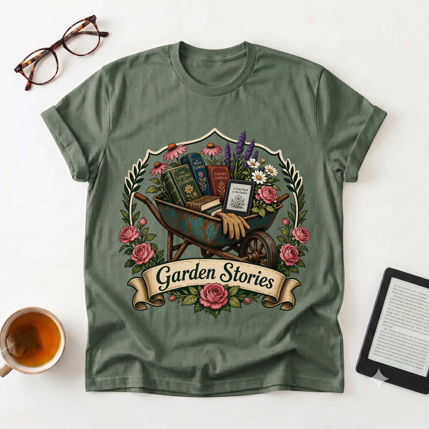 Garden Stories T-Shirt — Vintage Wheelbarrow Floral Gardening Tee