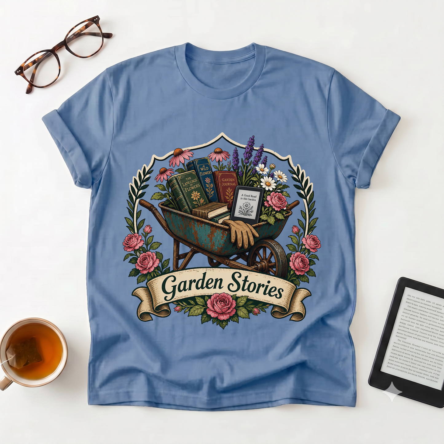Garden Stories T-Shirt — Vintage Wheelbarrow Floral Gardening Tee