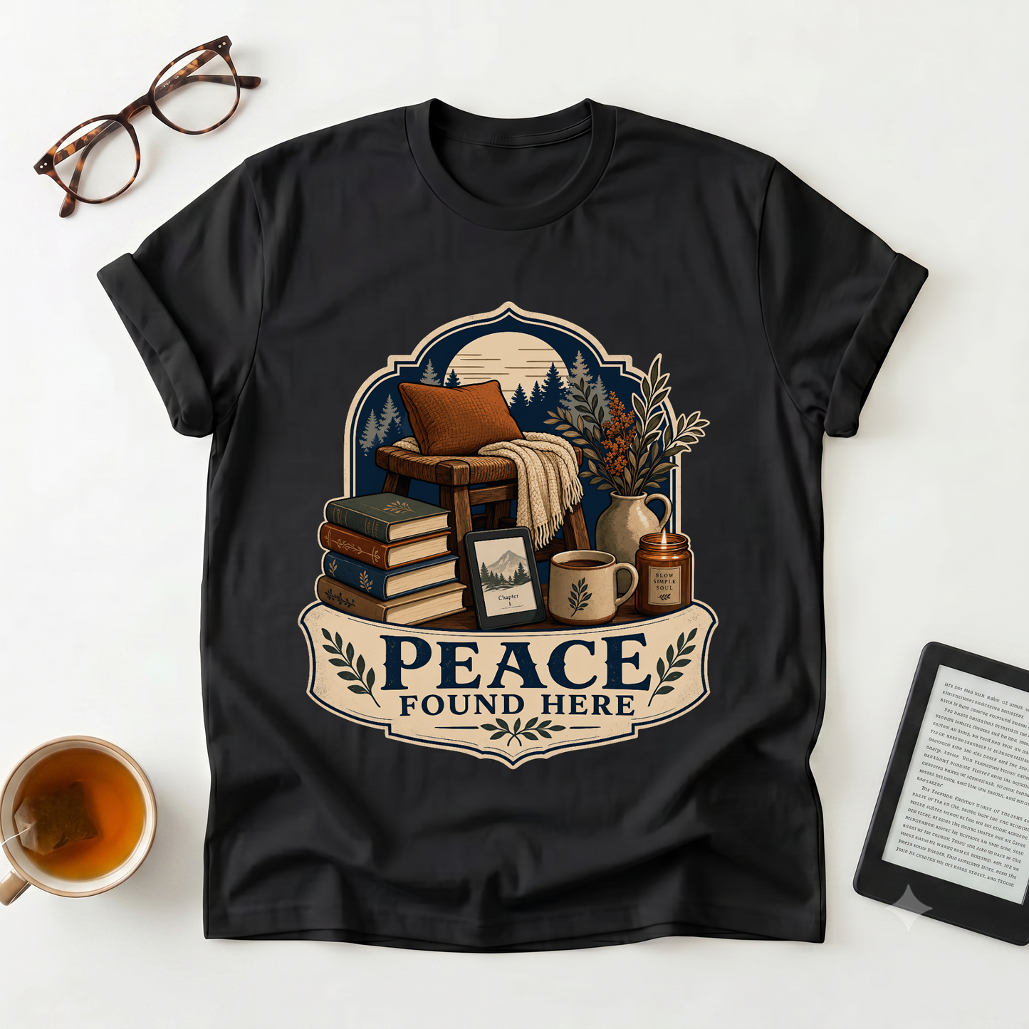 Peace Found Here T-Shirt — Cozy Reading Nook Graphic Tee