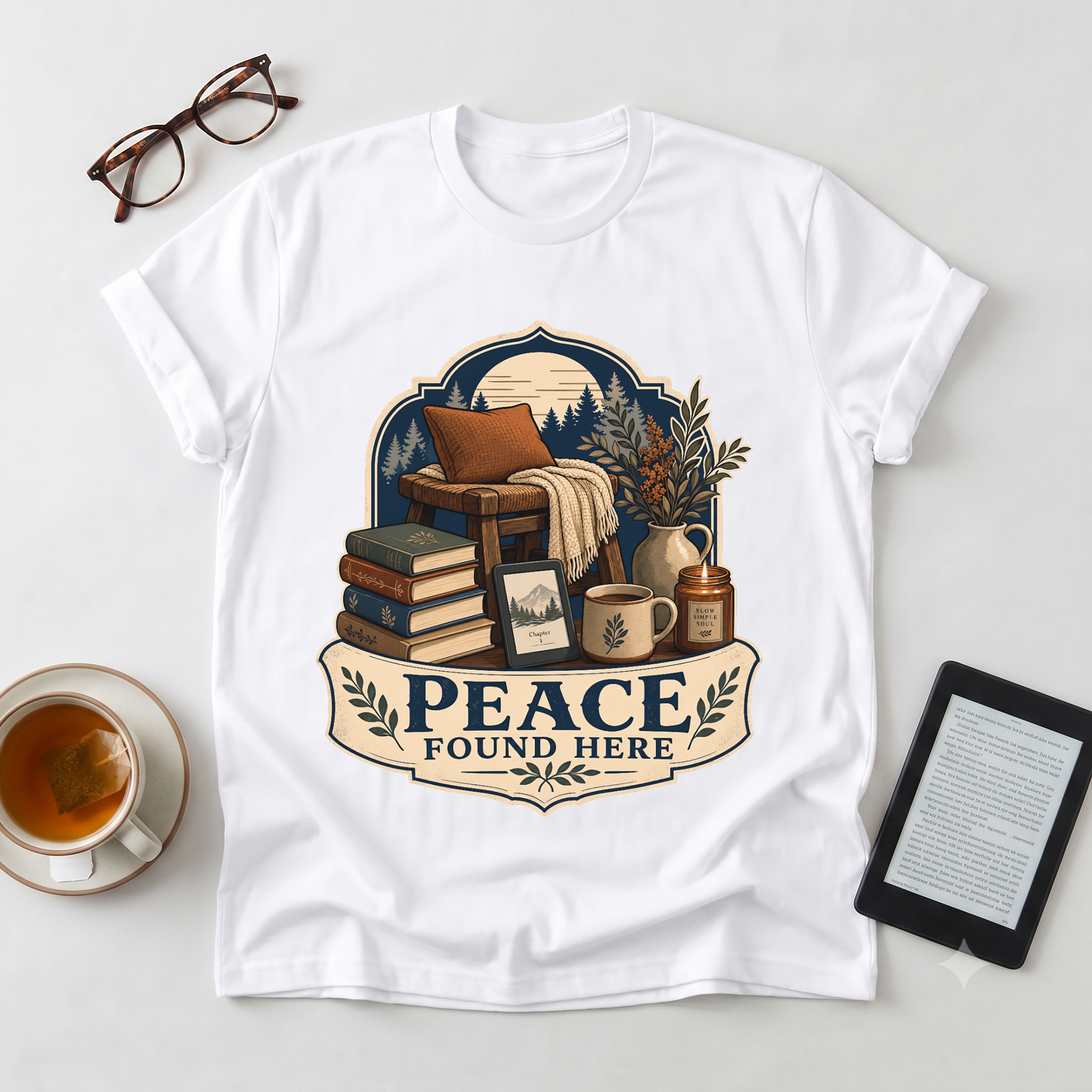 Peace Found Here T-Shirt — Cozy Reading Nook Graphic Tee