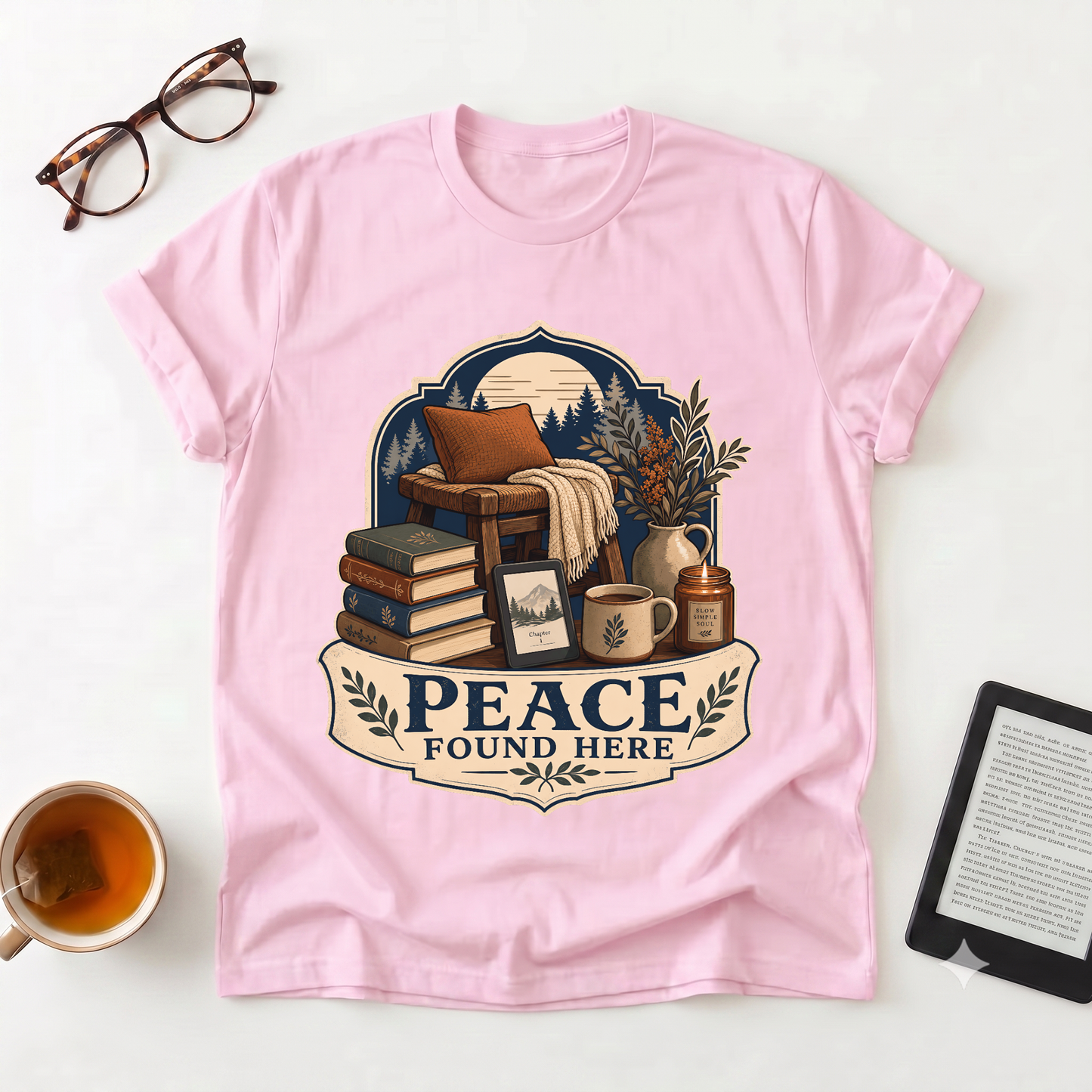 Peace Found Here T-Shirt — Cozy Reading Nook Graphic Tee
