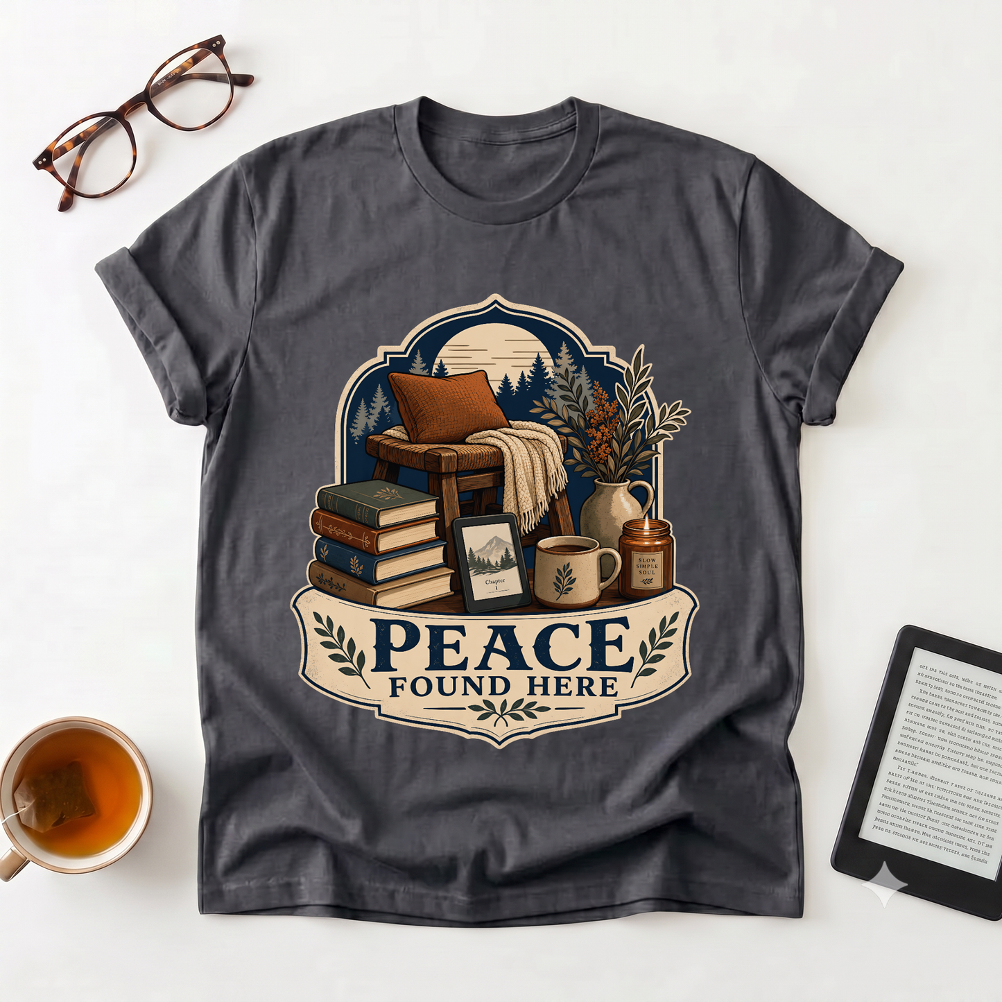 Peace Found Here T-Shirt — Cozy Reading Nook Graphic Tee