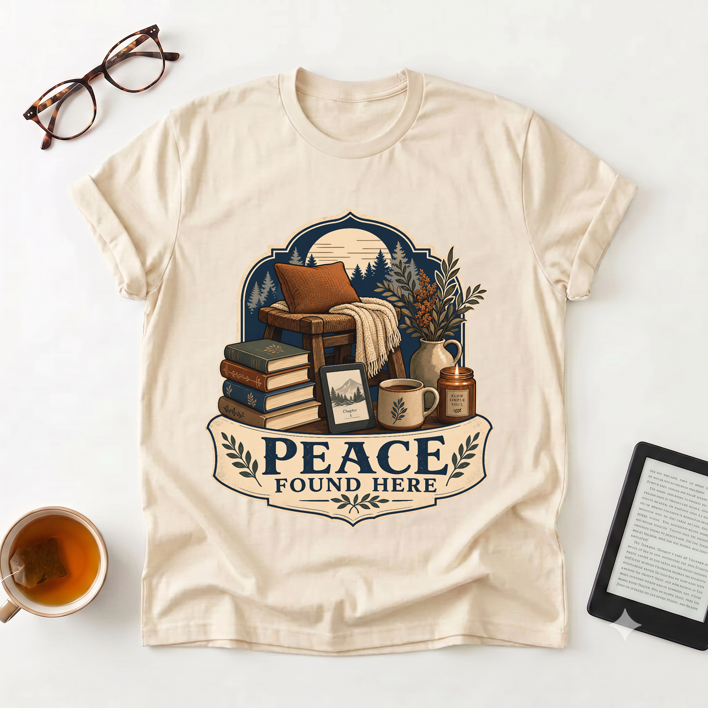 Peace Found Here T-Shirt — Cozy Reading Nook Graphic Tee