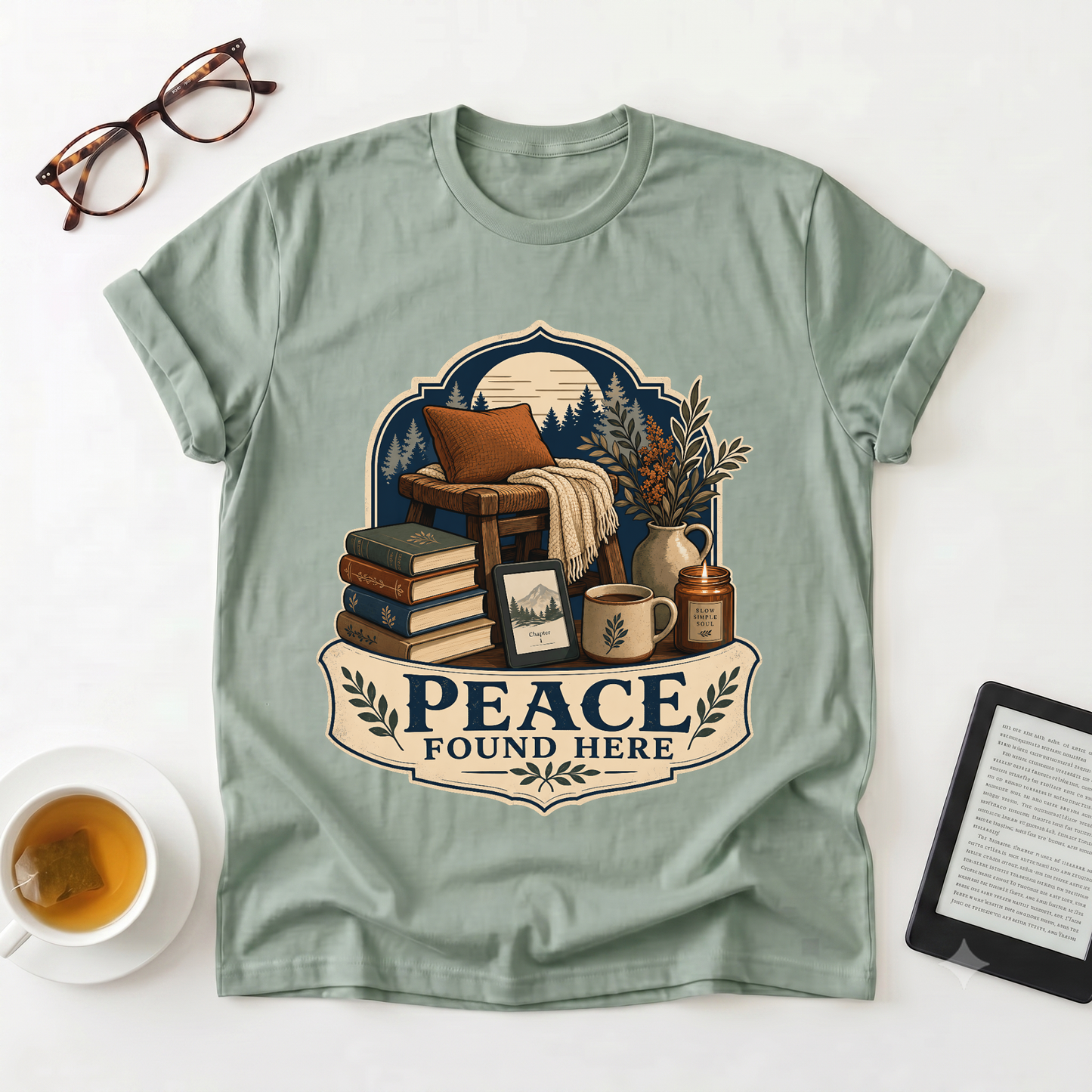 Peace Found Here T-Shirt — Cozy Reading Nook Graphic Tee