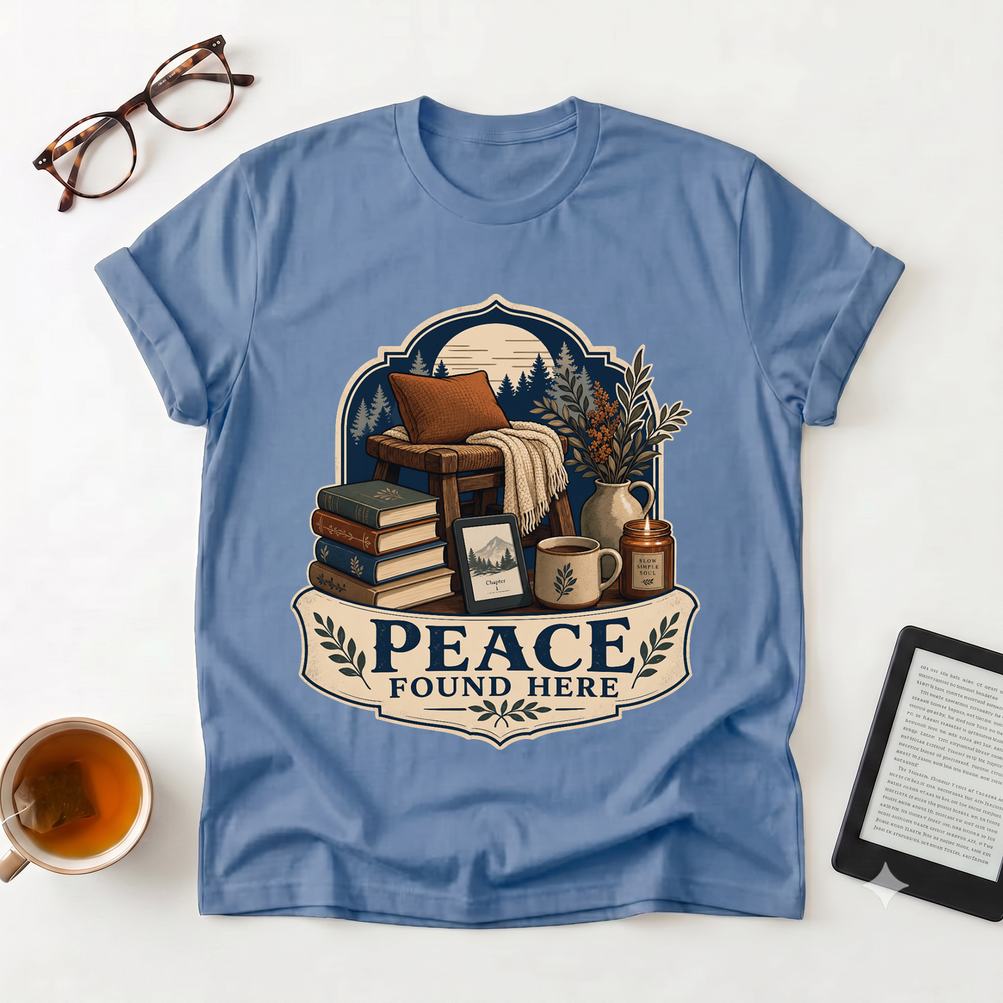 Peace Found Here T-Shirt — Cozy Reading Nook Graphic Tee
