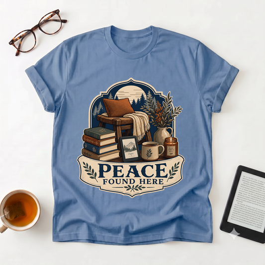 Peace Found Here T-Shirt — Cozy Reading Nook Graphic Tee