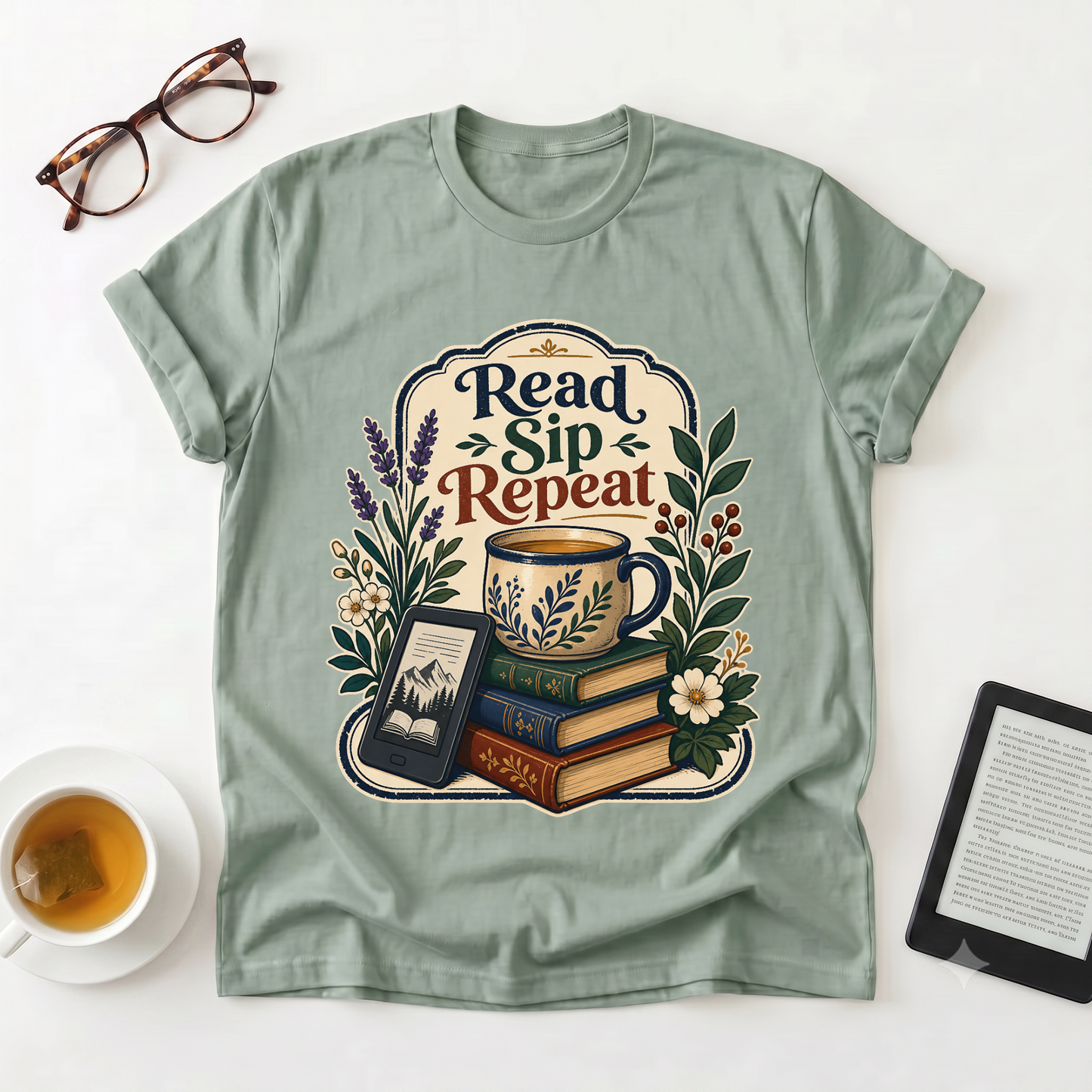 Read Sip Repeat T-Shirt — Cozy Book Lover Tee with Tea & Books Graphic
