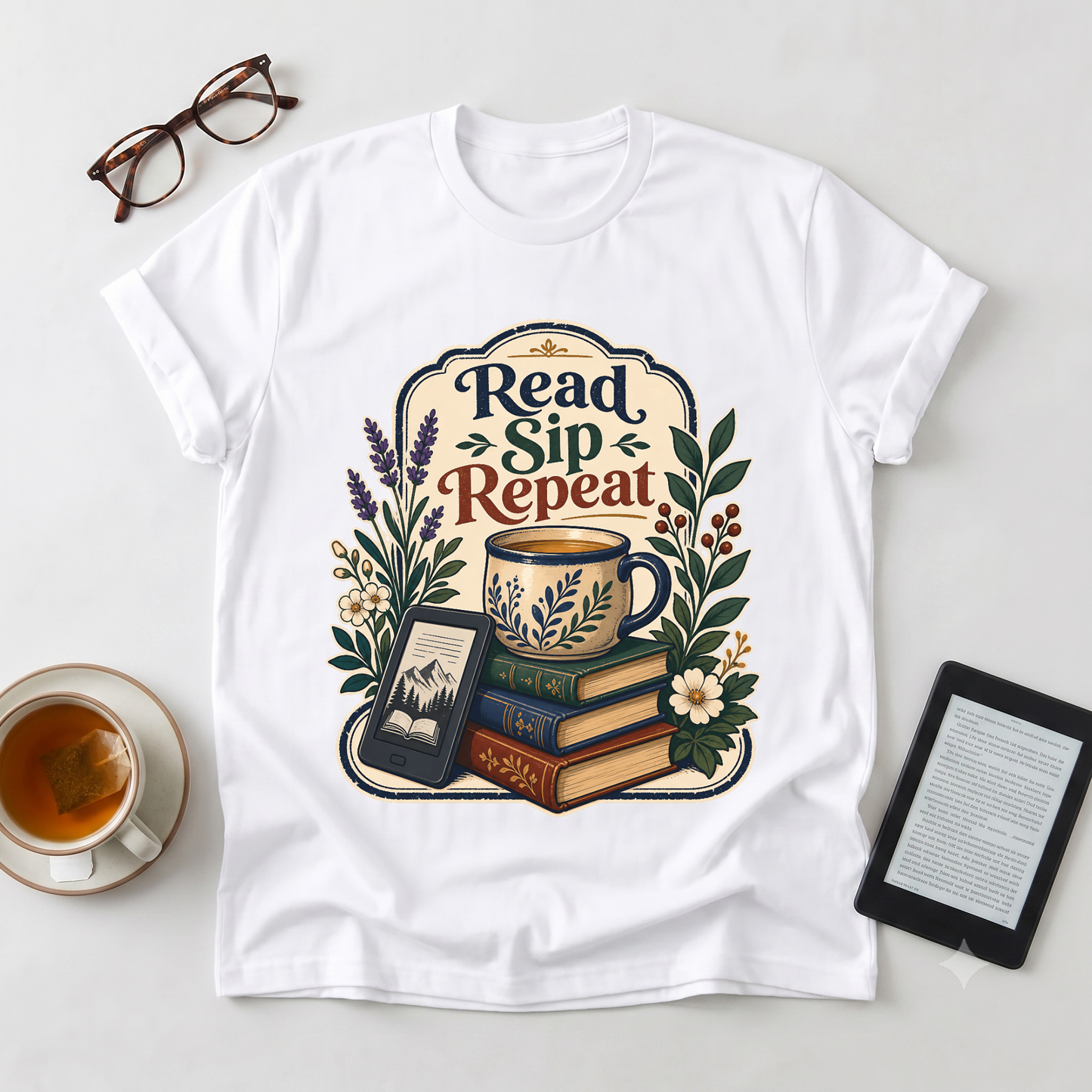Read Sip Repeat T-Shirt — Cozy Book Lover Tee with Tea & Books Graphic
