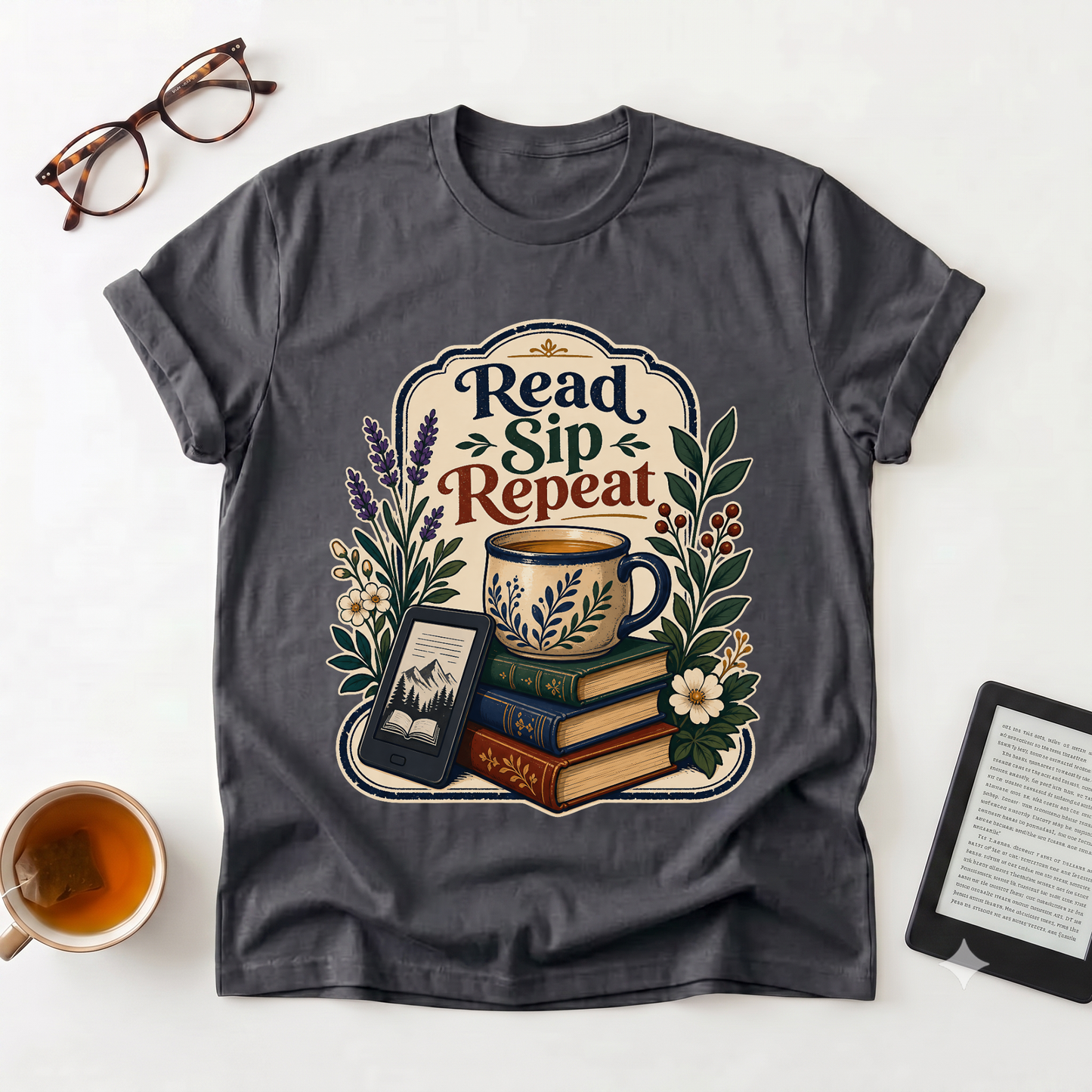Read Sip Repeat T-Shirt — Cozy Book Lover Tee with Tea & Books Graphic