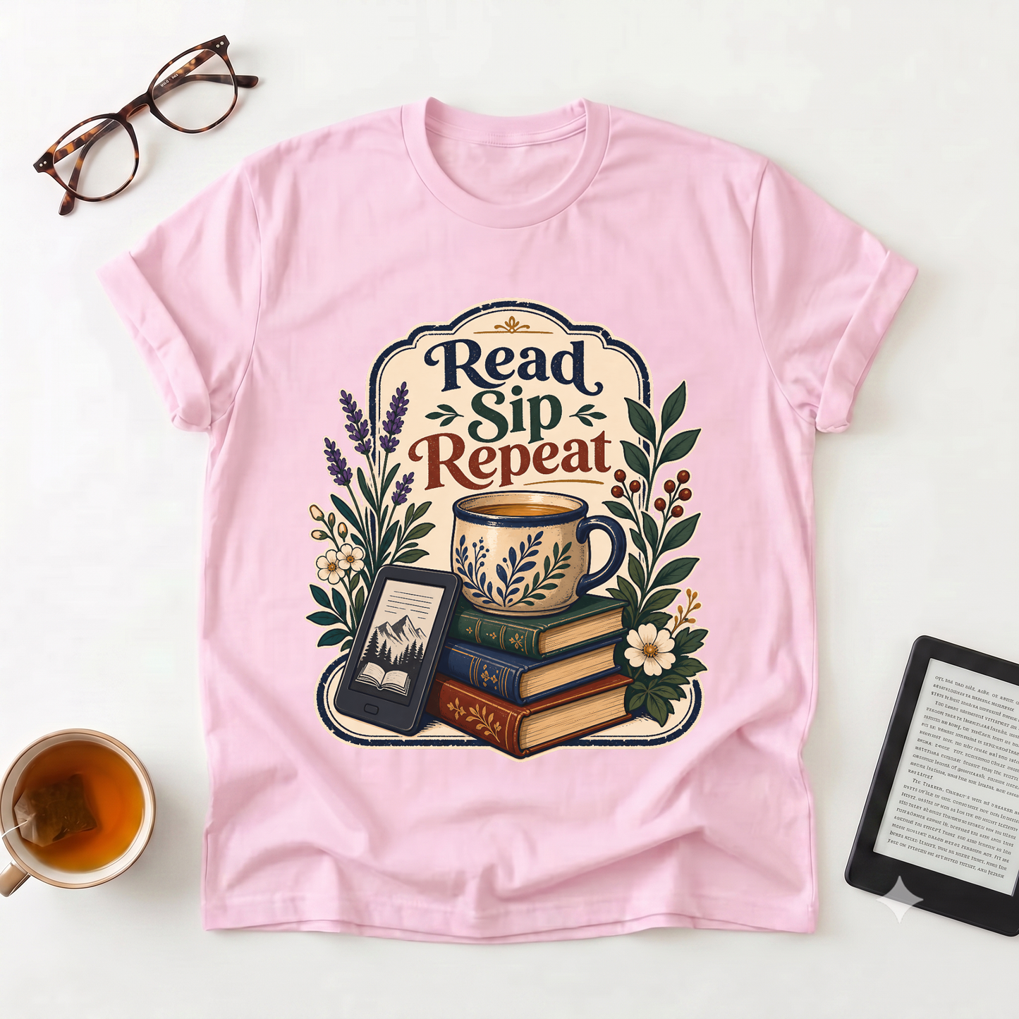 Read Sip Repeat T-Shirt — Cozy Book Lover Tee with Tea & Books Graphic