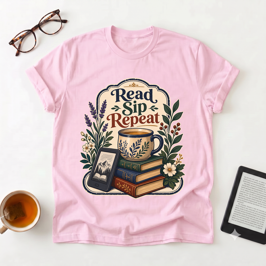 Read Sip Repeat T-Shirt — Cozy Book Lover Tee with Tea & Books Graphic