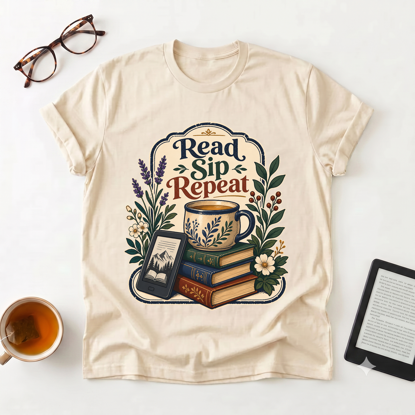 Read Sip Repeat T-Shirt — Cozy Book Lover Tee with Tea & Books Graphic