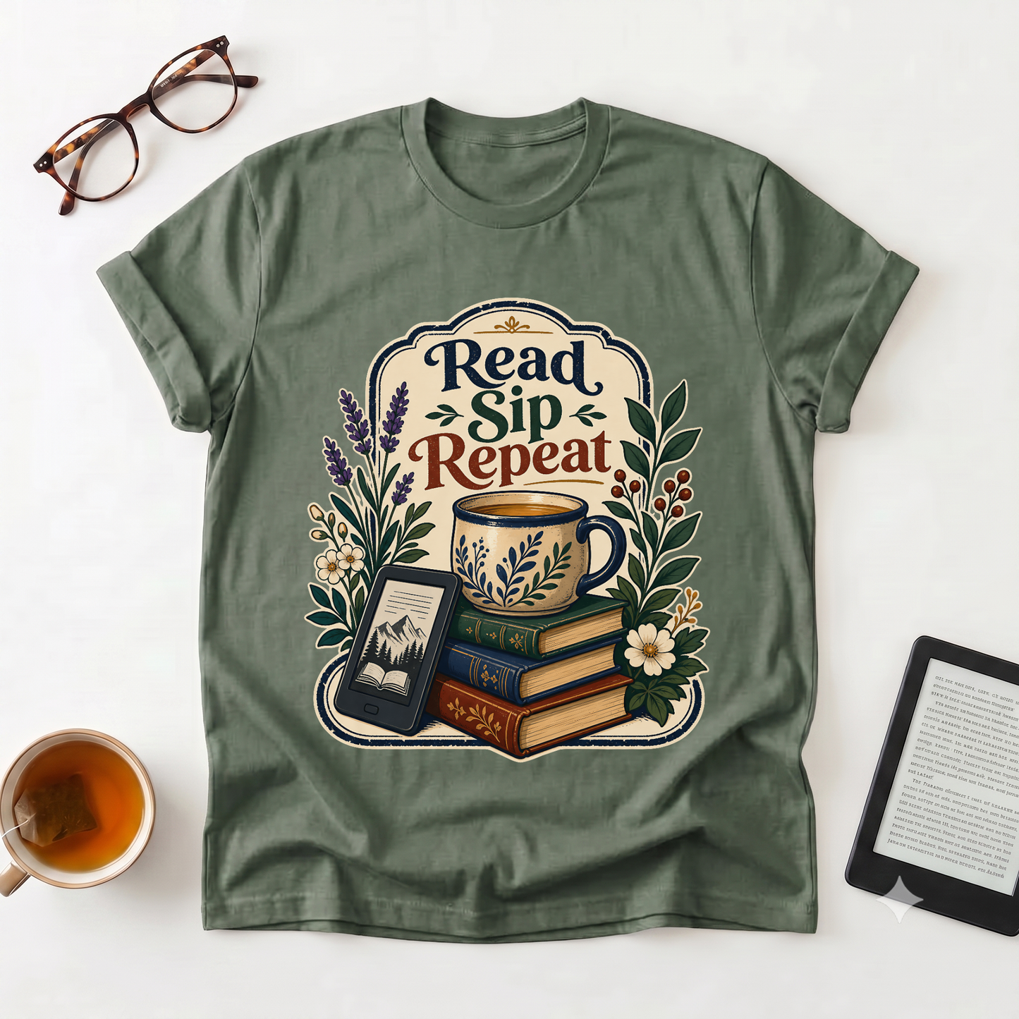 Read Sip Repeat T-Shirt — Cozy Book Lover Tee with Tea & Books Graphic