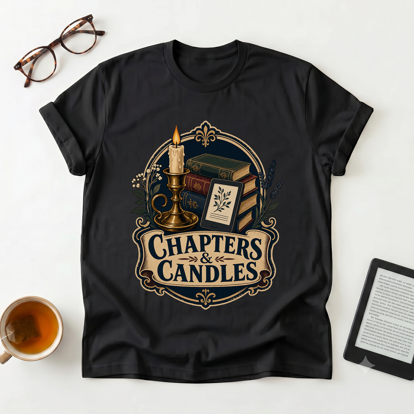 Chapters & Candles Graphic T-Shirt — Cozy Booklover Candlelight Tee