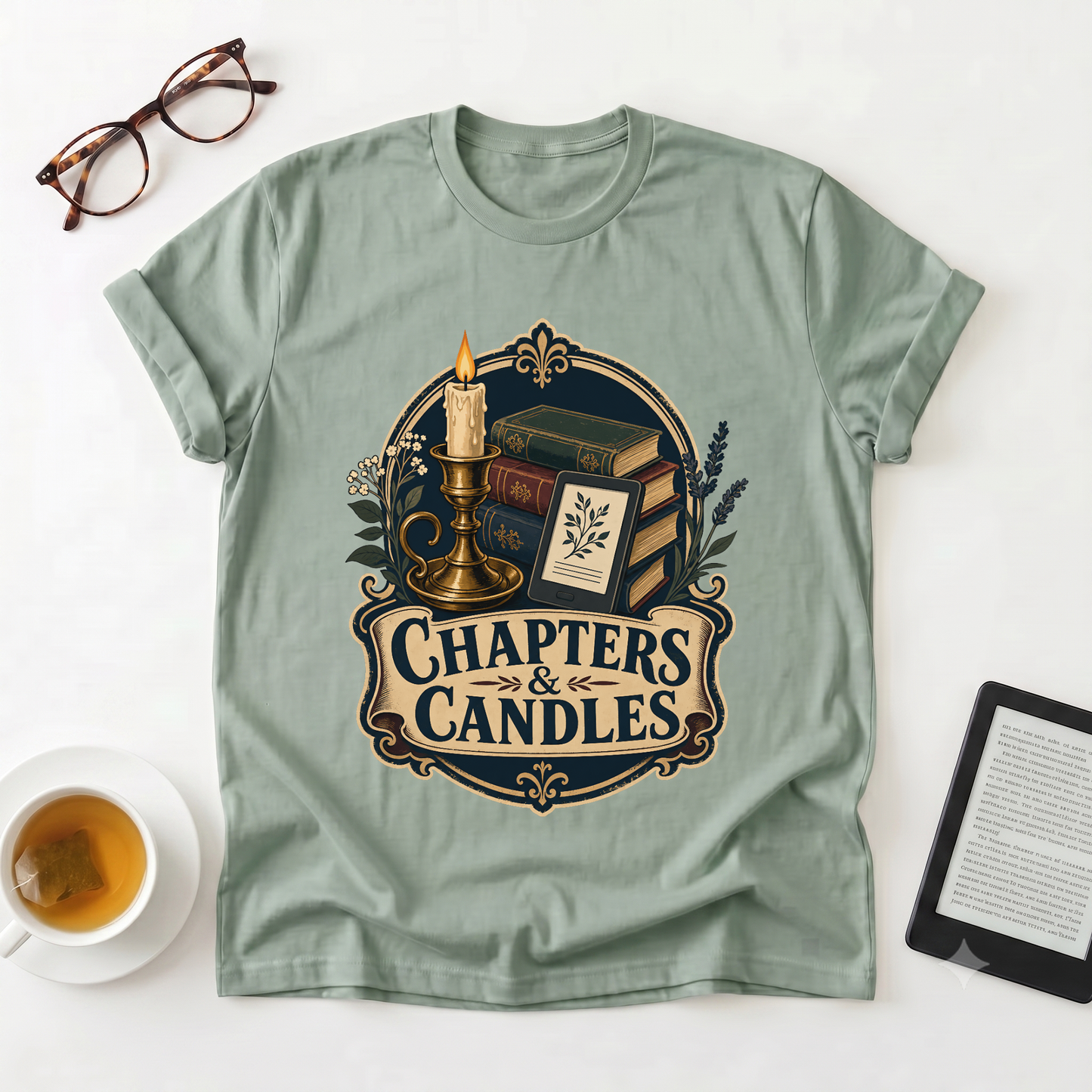 Chapters & Candles Graphic T-Shirt — Cozy Booklover Candlelight Tee