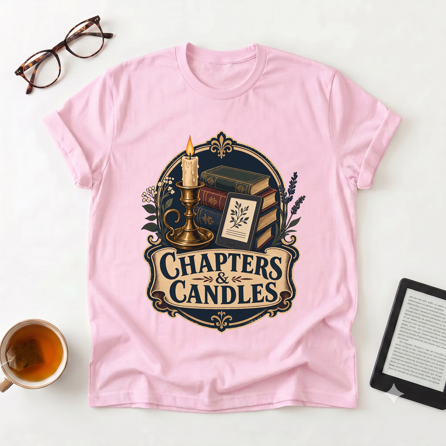 Chapters & Candles Graphic T-Shirt — Cozy Booklover Candlelight Tee