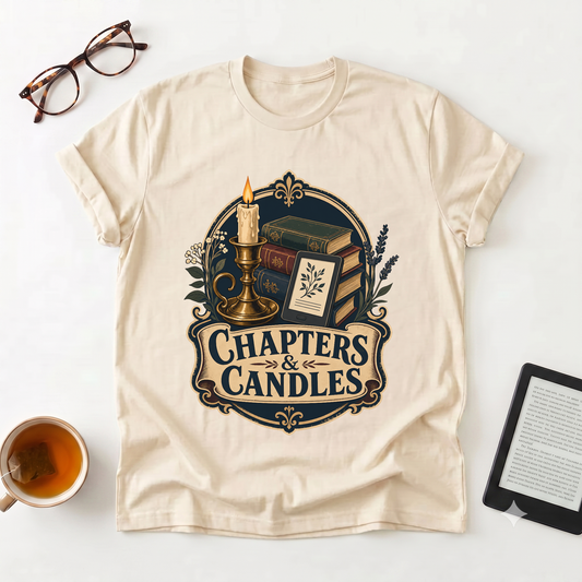 Chapters & Candles Graphic T-Shirt — Cozy Booklover Candlelight Tee