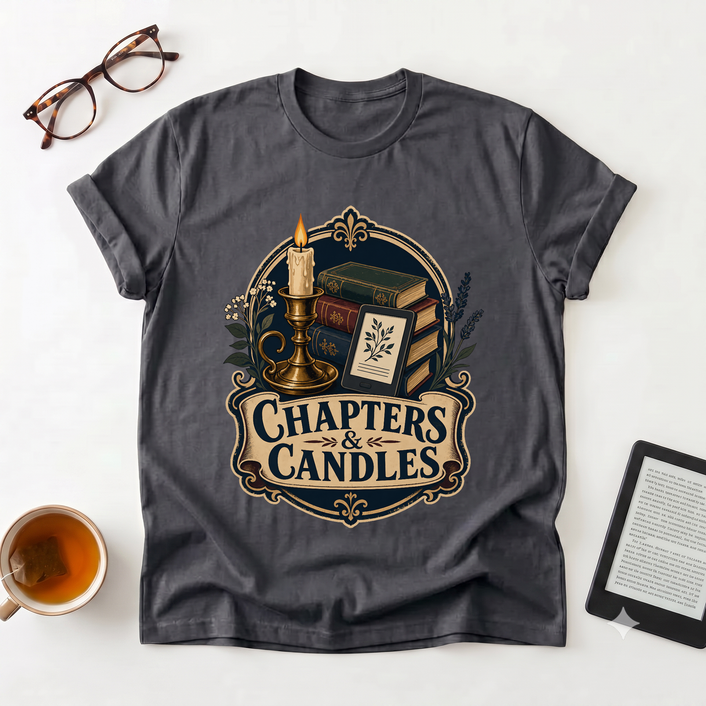 Chapters & Candles Graphic T-Shirt — Cozy Booklover Candlelight Tee