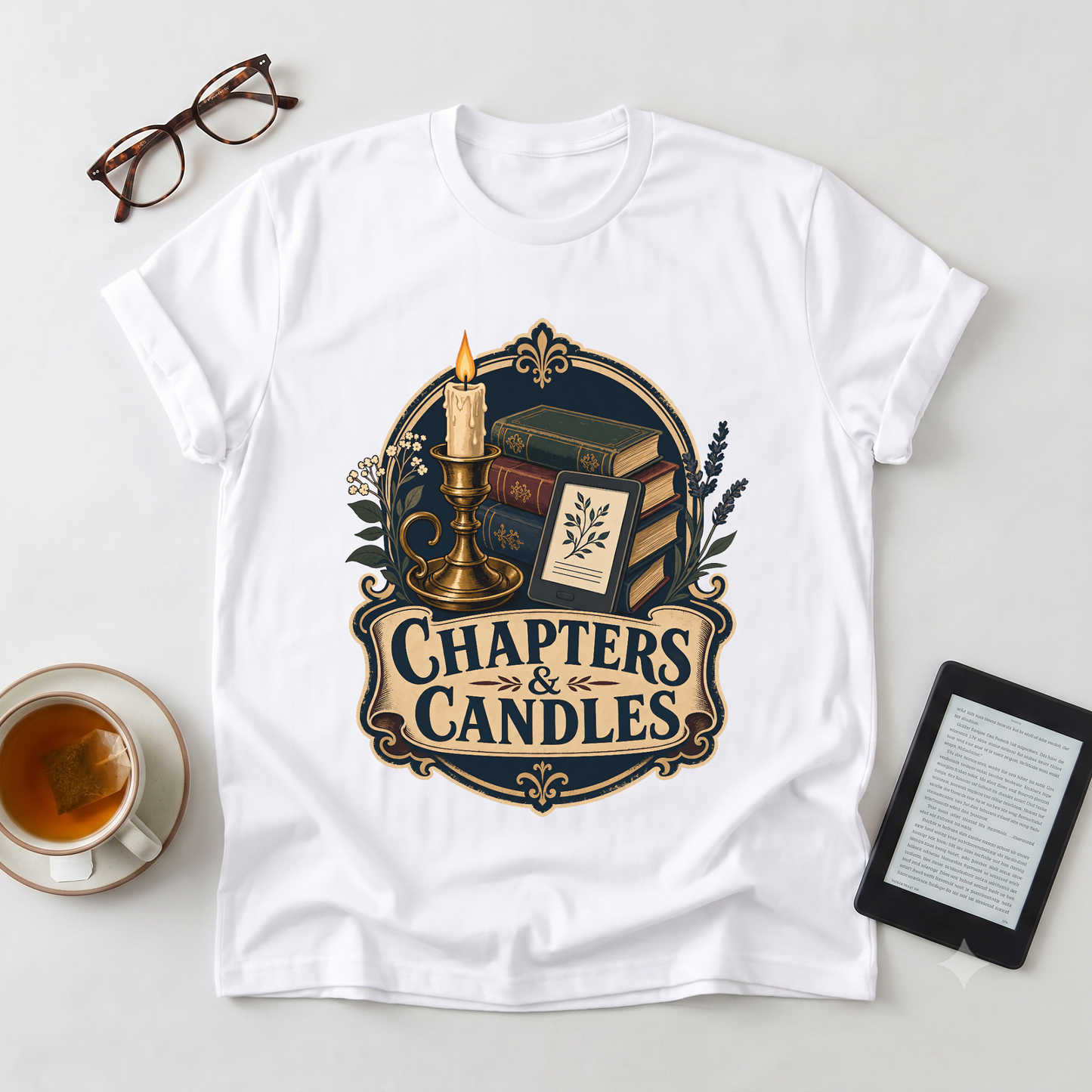 Chapters & Candles Graphic T-Shirt — Cozy Booklover Candlelight Tee