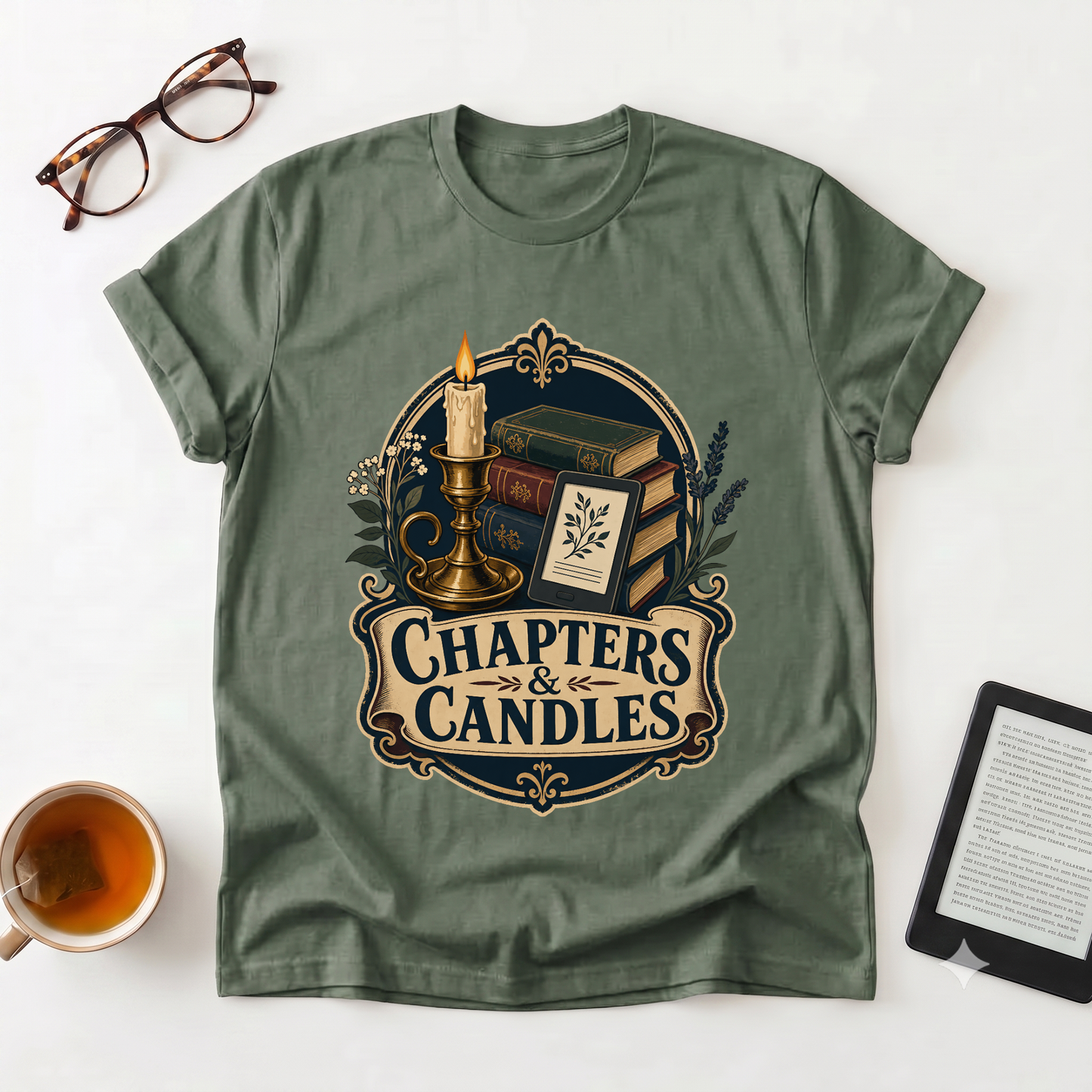 Chapters & Candles Graphic T-Shirt — Cozy Booklover Candlelight Tee