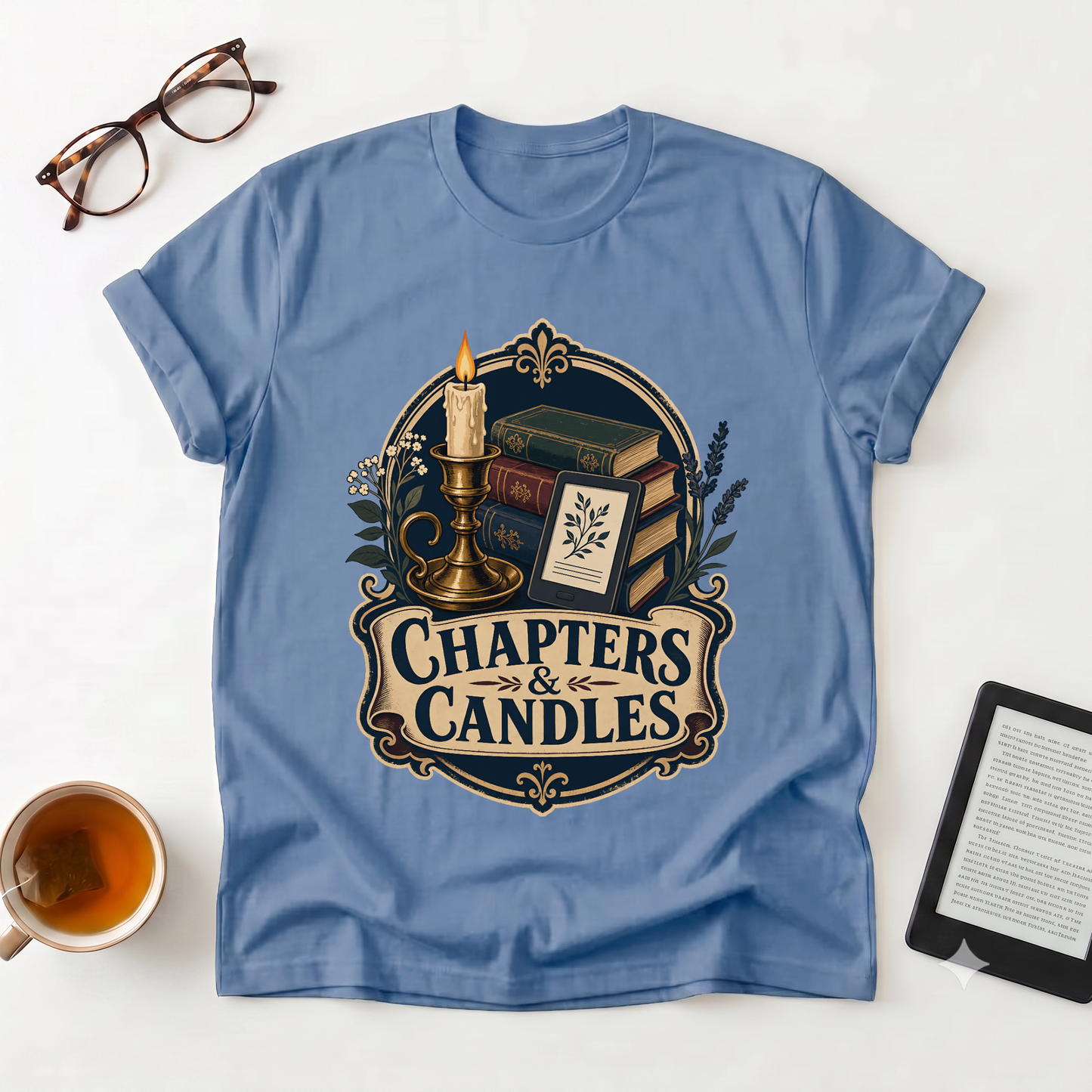 Chapters & Candles Graphic T-Shirt — Cozy Booklover Candlelight Tee