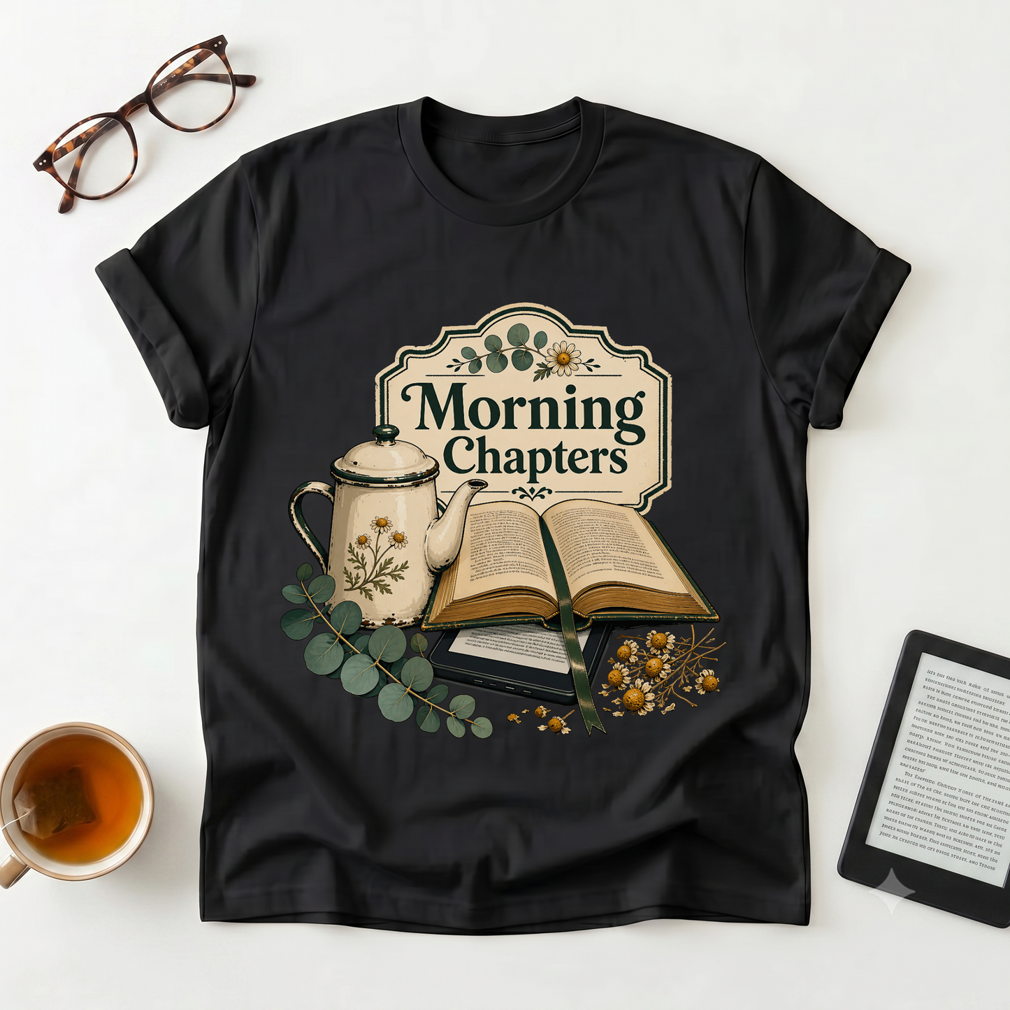 Morning Chapters T-Shirt — Cozy Book Lover Tee with Tea & Open Book Design
