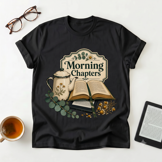 Morning Chapters T-Shirt — Cozy Book Lover Tee with Tea & Open Book Design
