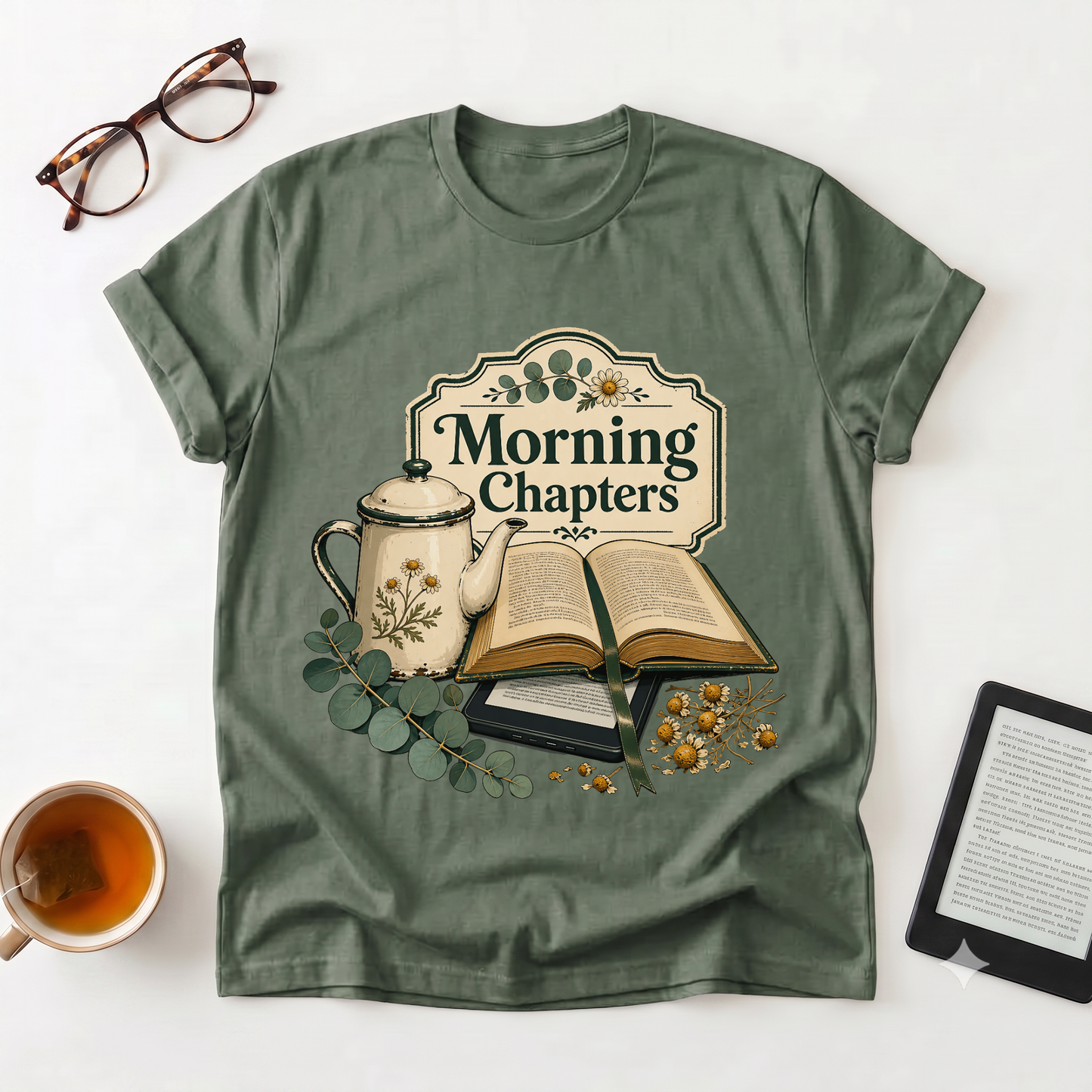 Morning Chapters T-Shirt — Cozy Book Lover Tee with Tea & Open Book Design