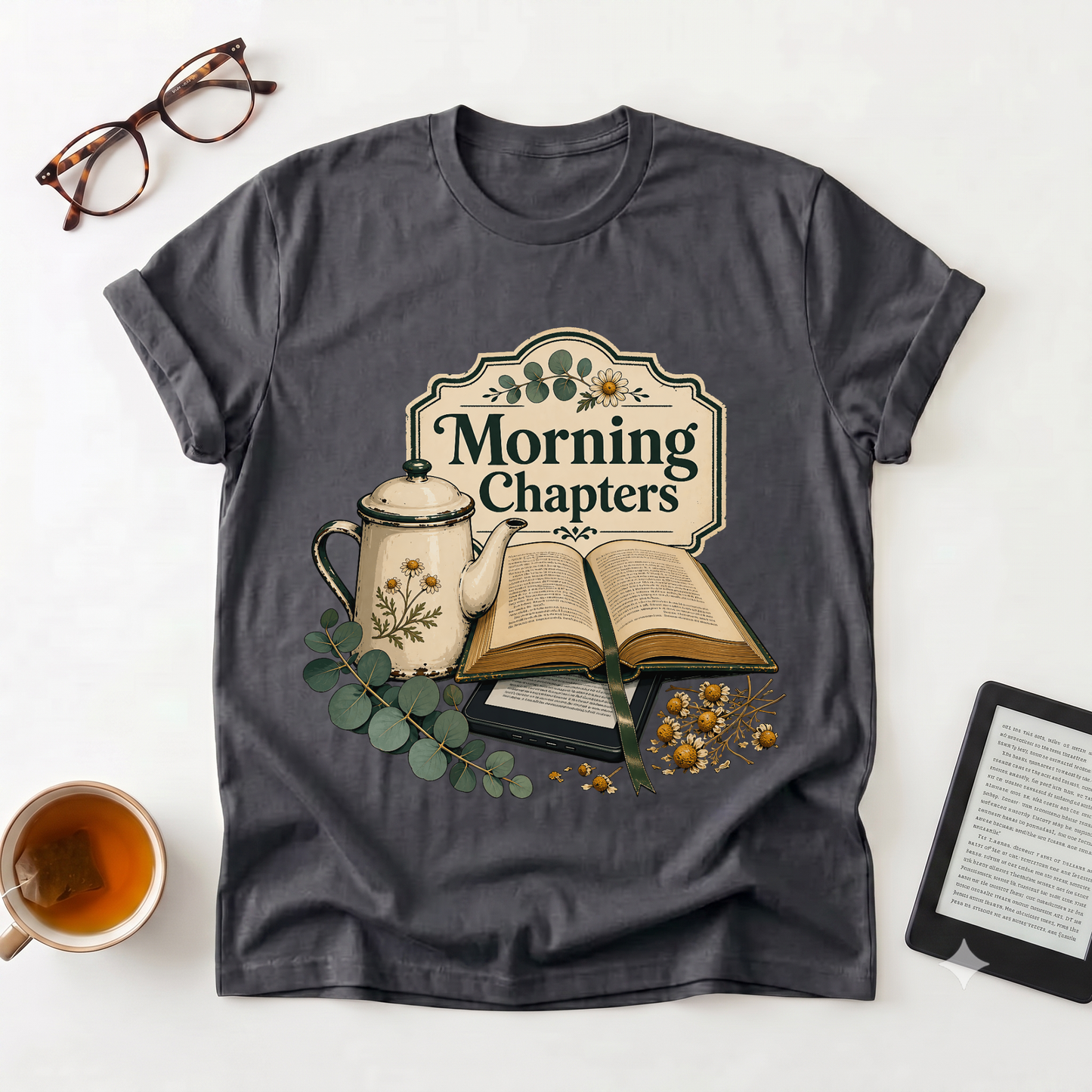 Morning Chapters T-Shirt — Cozy Book Lover Tee with Tea & Open Book Design