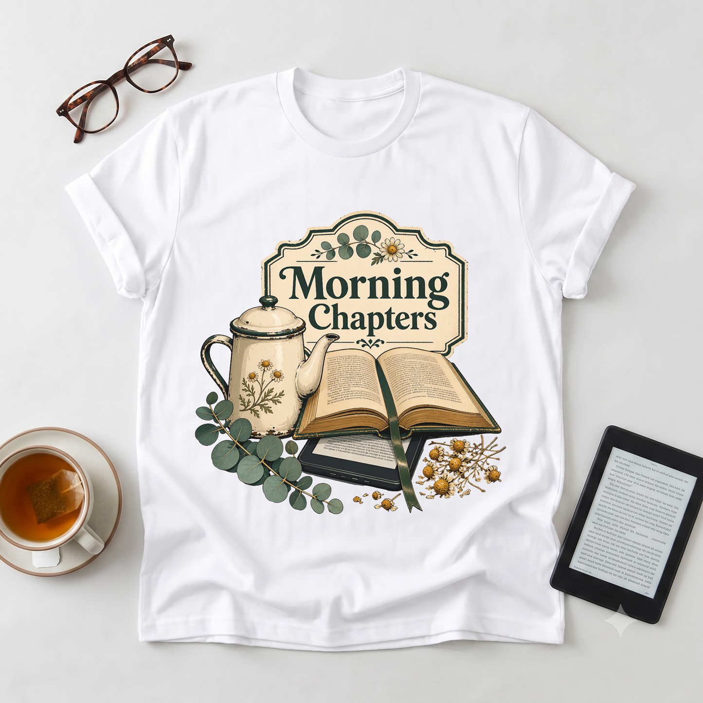 Morning Chapters T-Shirt — Cozy Book Lover Tee with Tea & Open Book Design