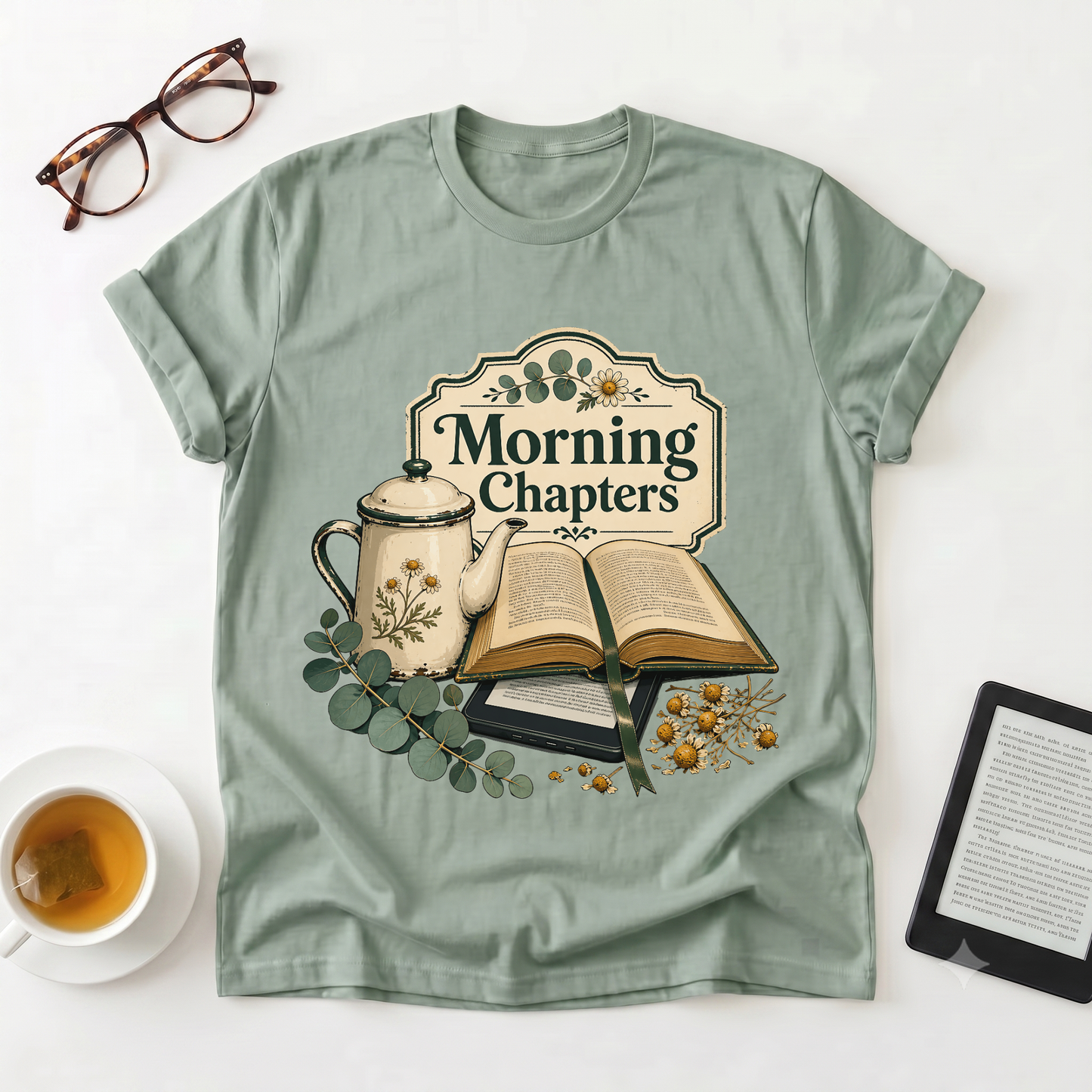 Morning Chapters T-Shirt — Cozy Book Lover Tee with Tea & Open Book Design