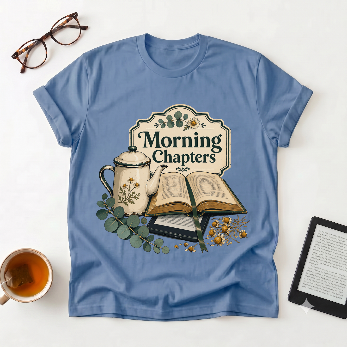 Morning Chapters T-Shirt — Cozy Book Lover Tee with Tea & Open Book Design