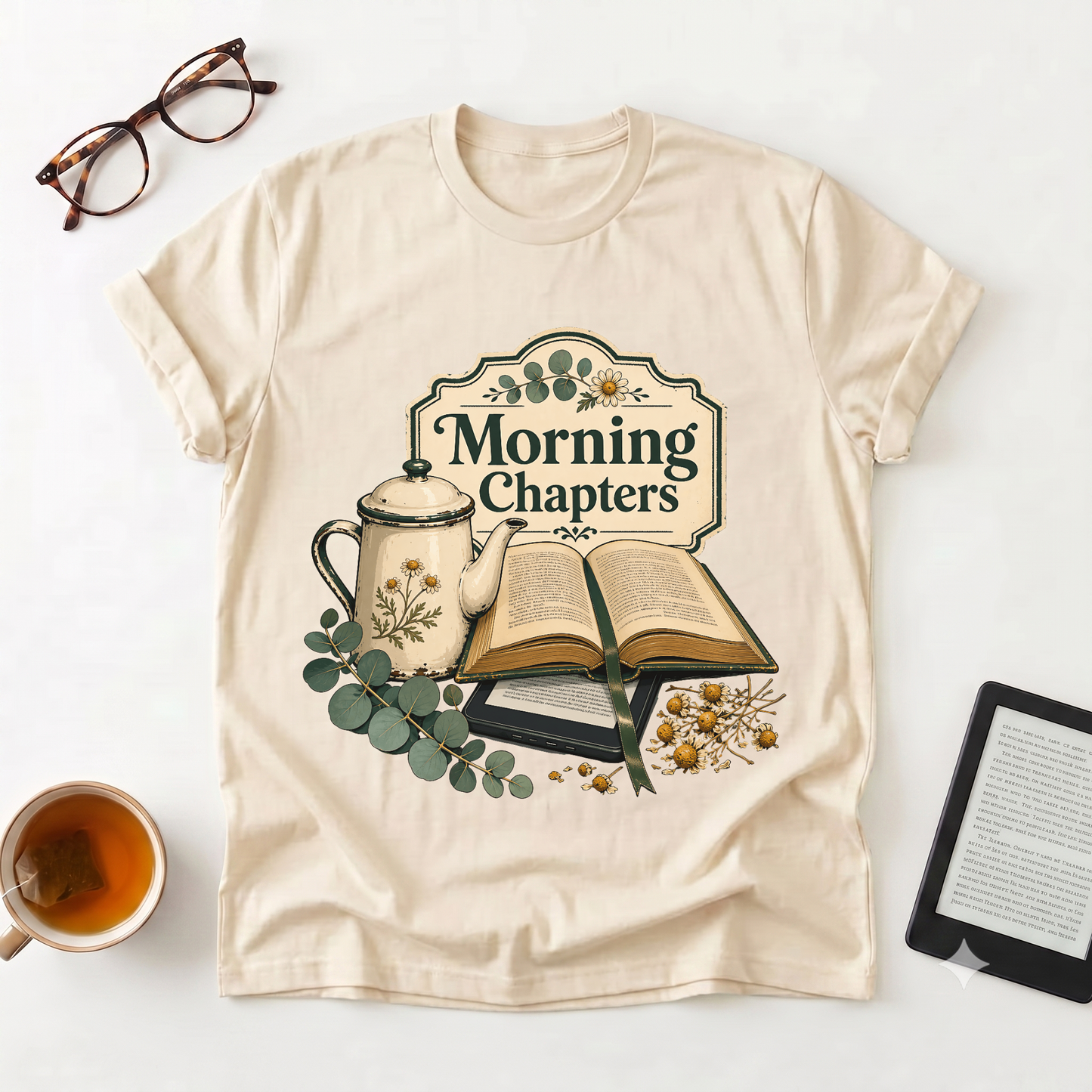 Morning Chapters T-Shirt — Cozy Book Lover Tee with Tea & Open Book Design