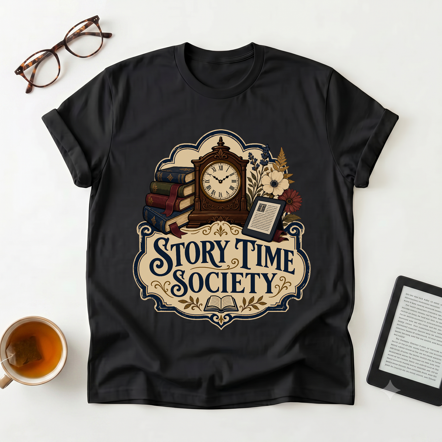 Story Time Society T-Shirt — Vintage Clock & Books Reading Tee