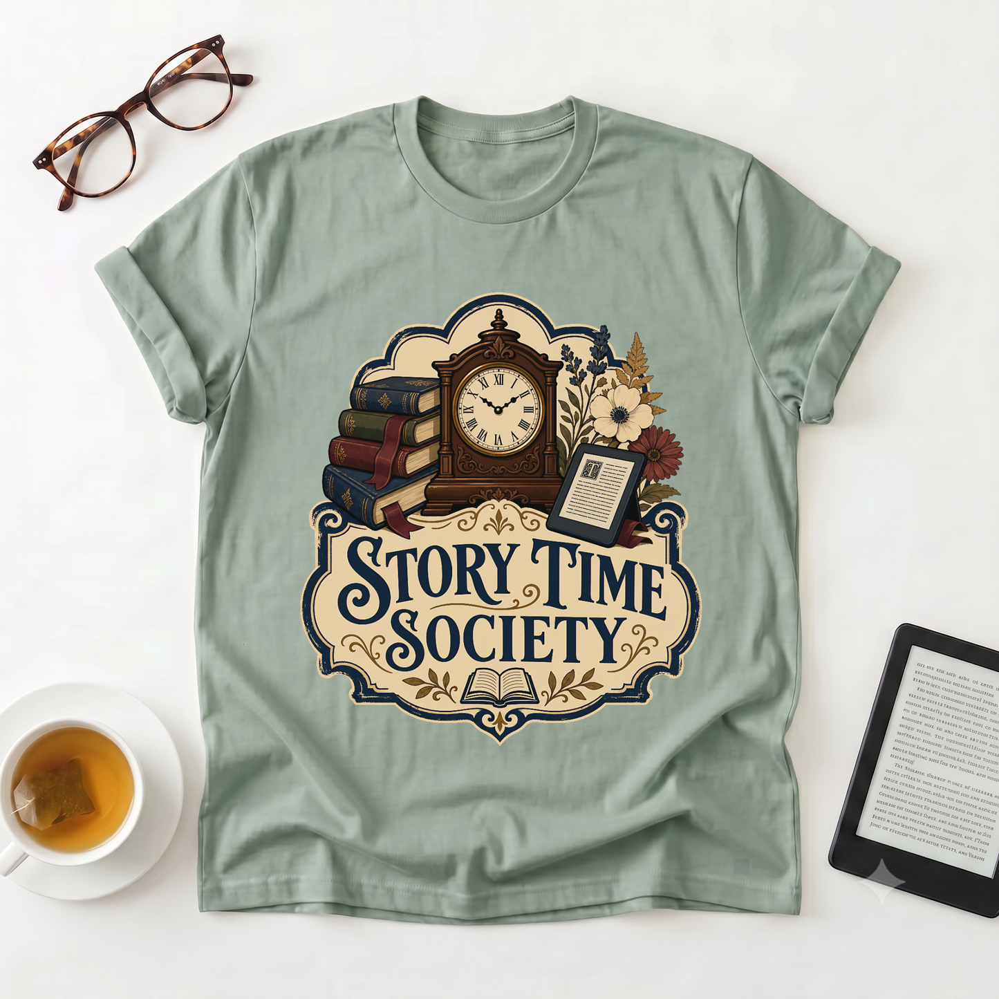 Story Time Society T-Shirt — Vintage Clock & Books Reading Tee