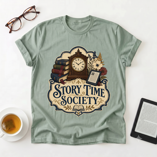 Story Time Society T-Shirt — Vintage Clock & Books Reading Tee