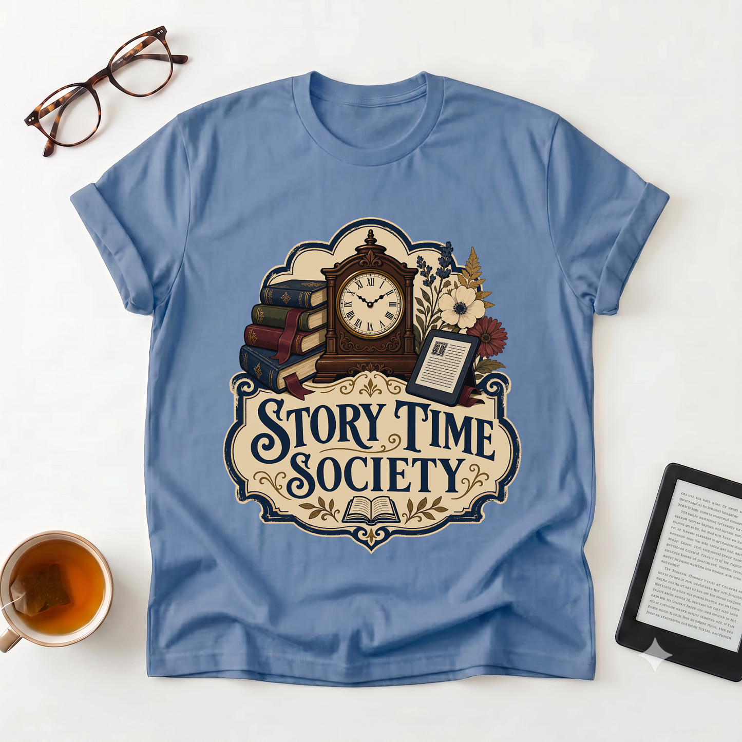 Story Time Society T-Shirt — Vintage Clock & Books Reading Tee