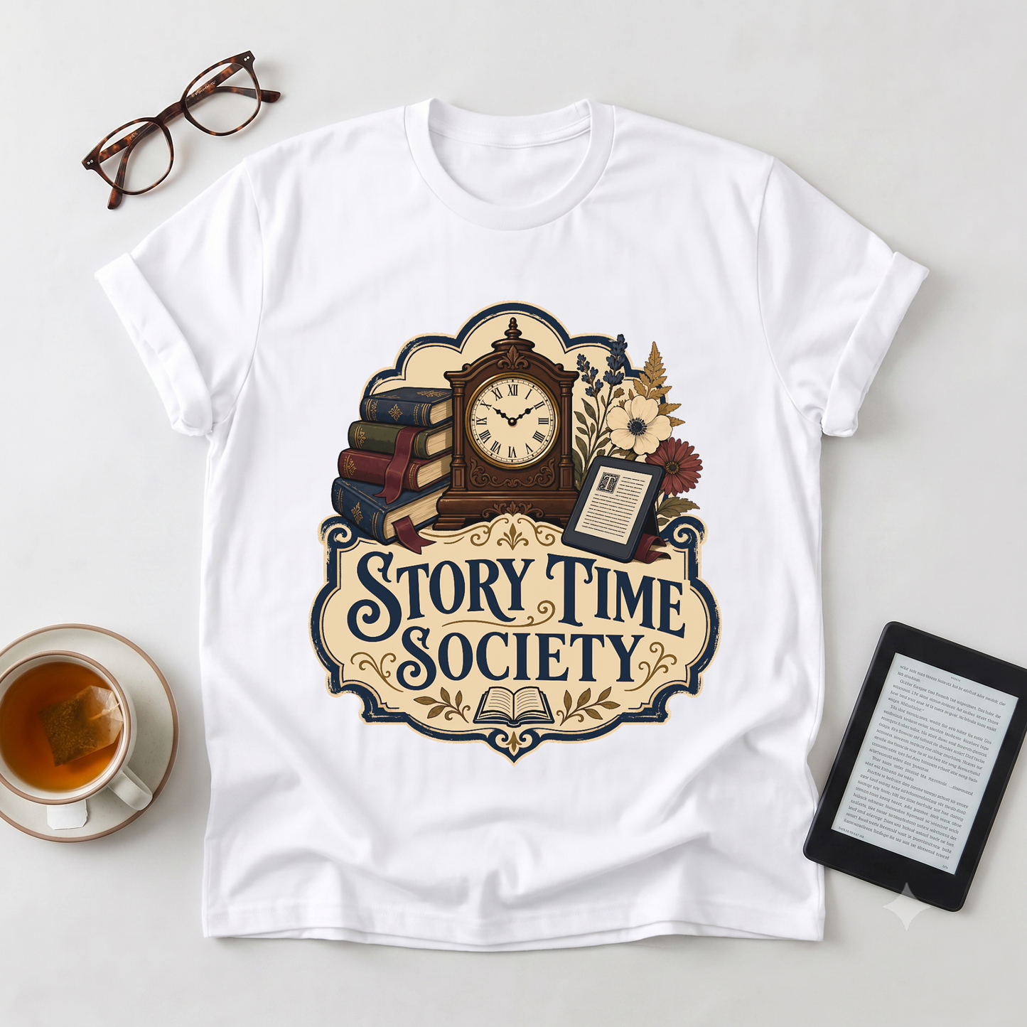 Story Time Society T-Shirt — Vintage Clock & Books Reading Tee