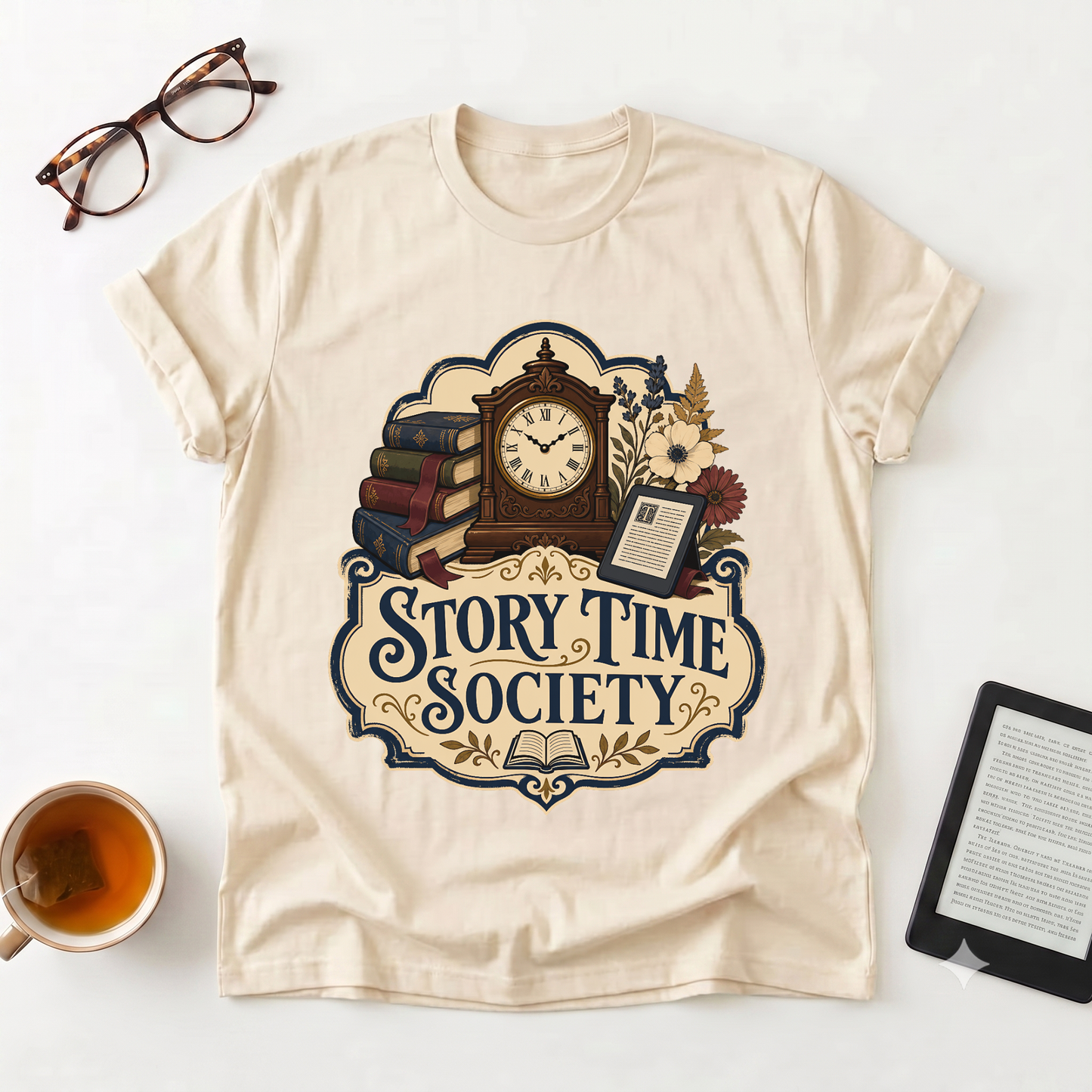 Story Time Society T-Shirt — Vintage Clock & Books Reading Tee
