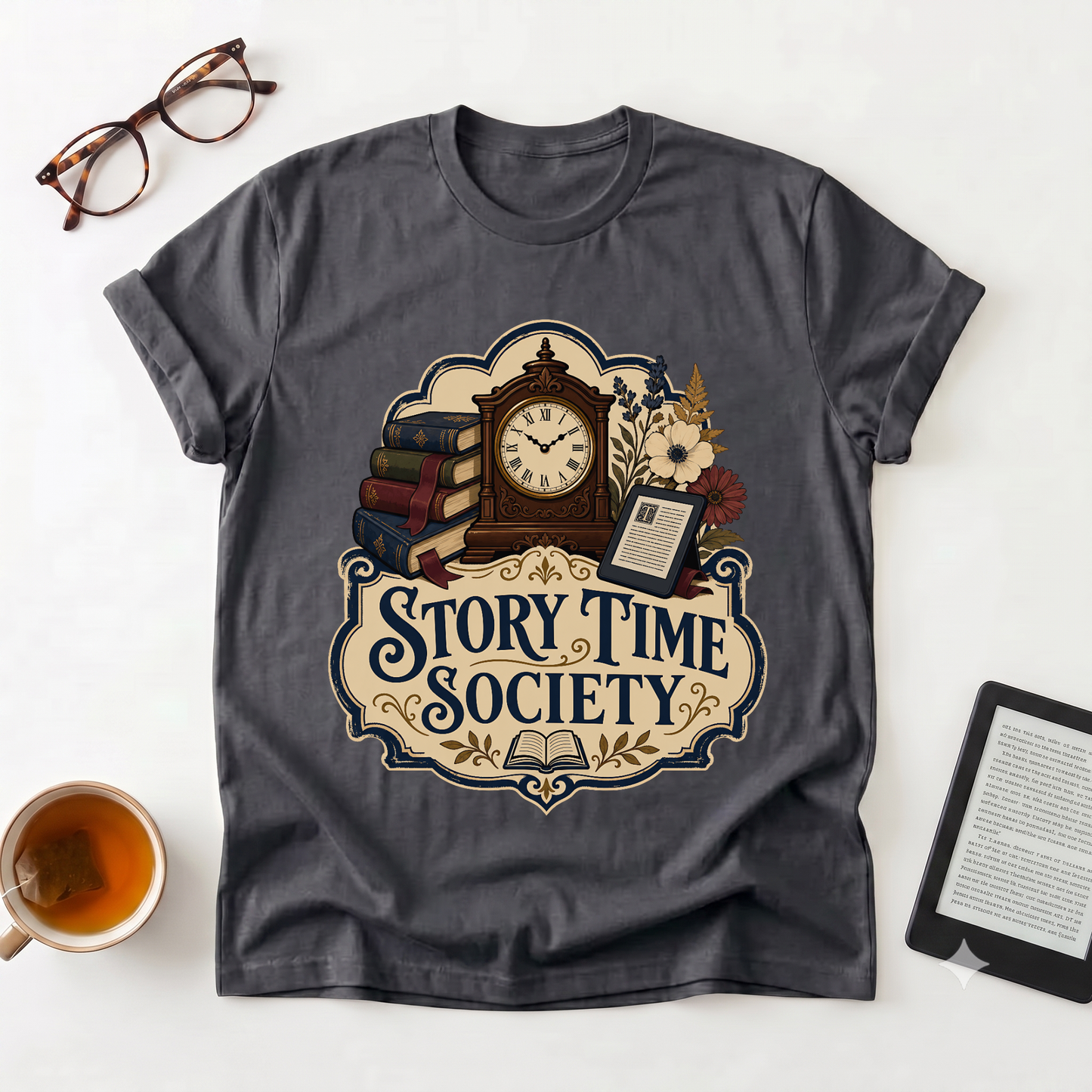 Story Time Society T-Shirt — Vintage Clock & Books Reading Tee