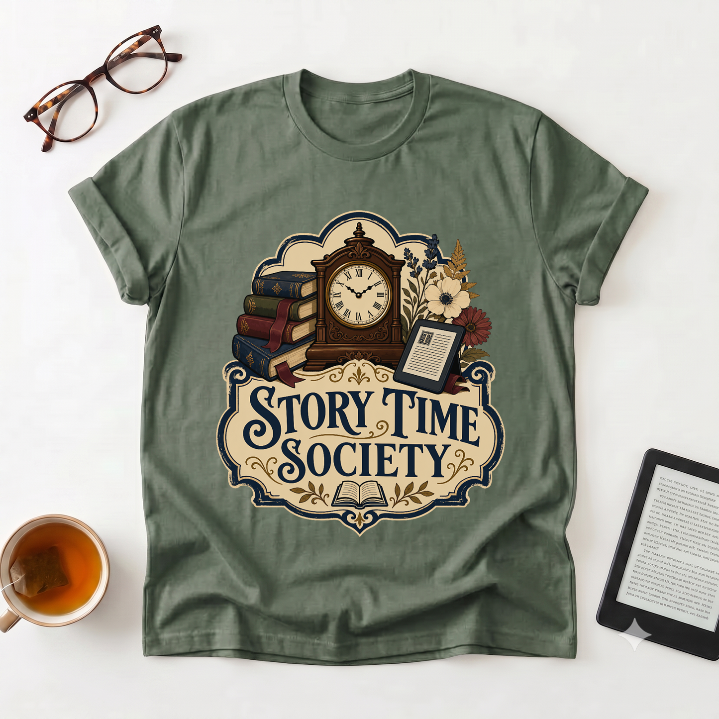Story Time Society T-Shirt — Vintage Clock & Books Reading Tee
