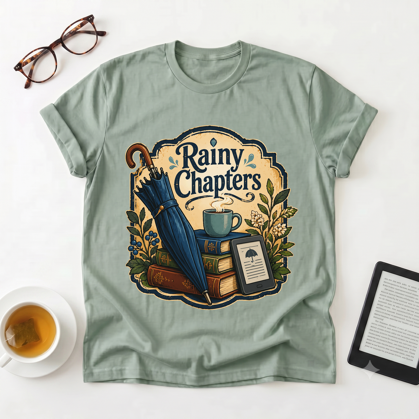 Rainy Chapters T-Shirt — Cozy Book Lover Graphic Tee