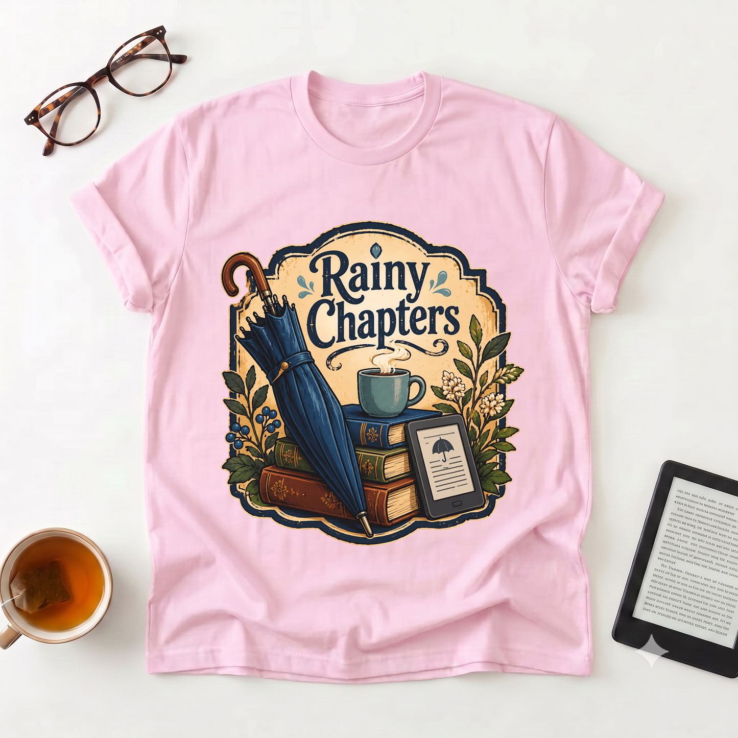 Rainy Chapters T-Shirt — Cozy Book Lover Graphic Tee