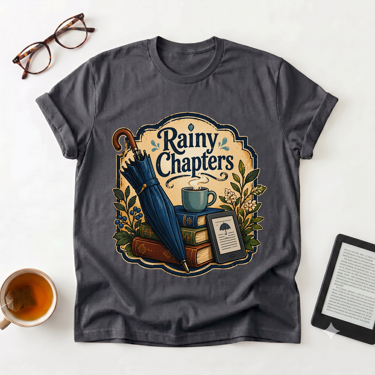 Rainy Chapters T-Shirt — Cozy Book Lover Graphic Tee