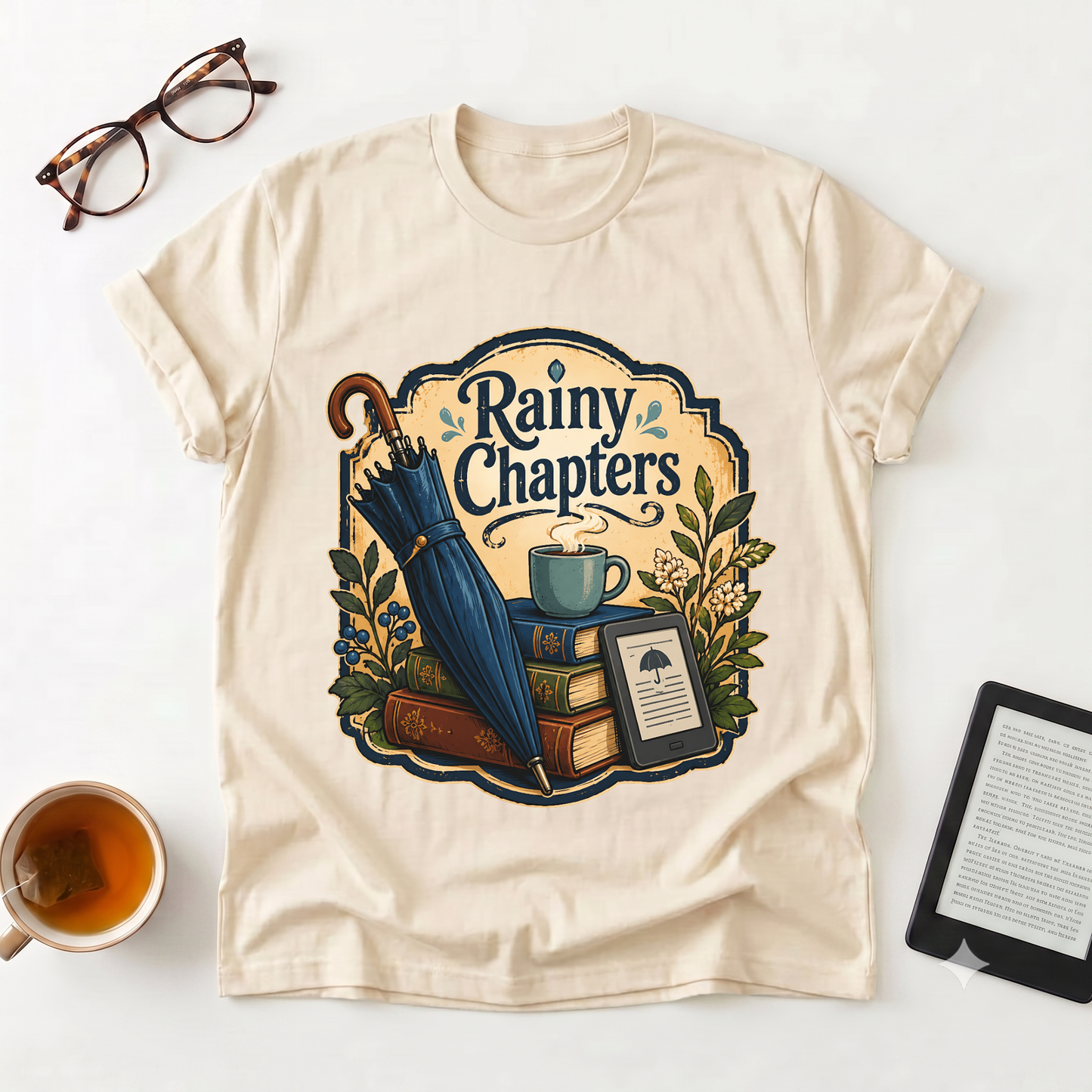 Rainy Chapters T-Shirt — Cozy Book Lover Graphic Tee
