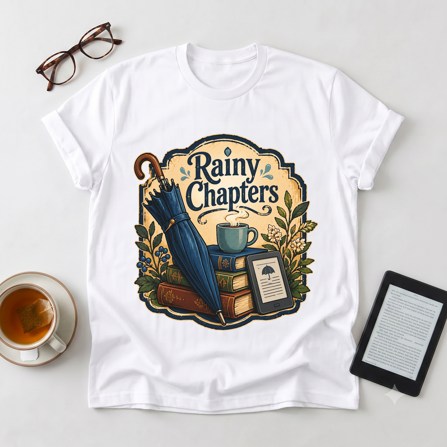 Rainy Chapters T-Shirt — Cozy Book Lover Graphic Tee